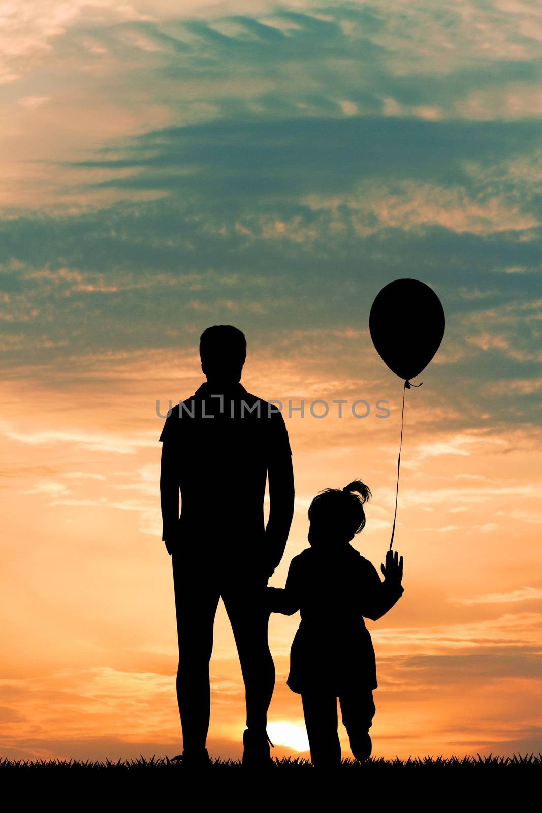 illustration of man and little boy at sunset