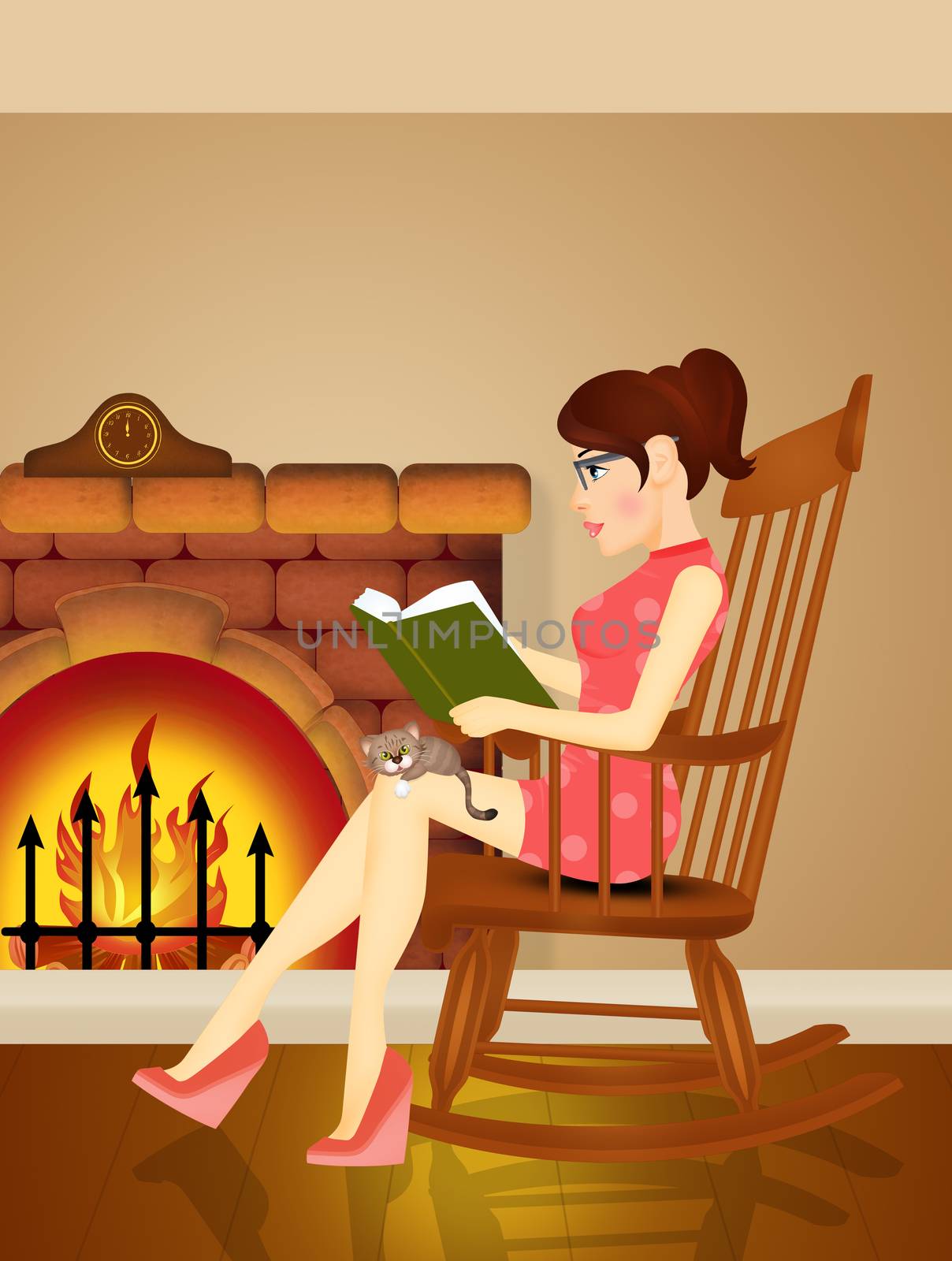 illustration of woman reads a book in front of the fireplace