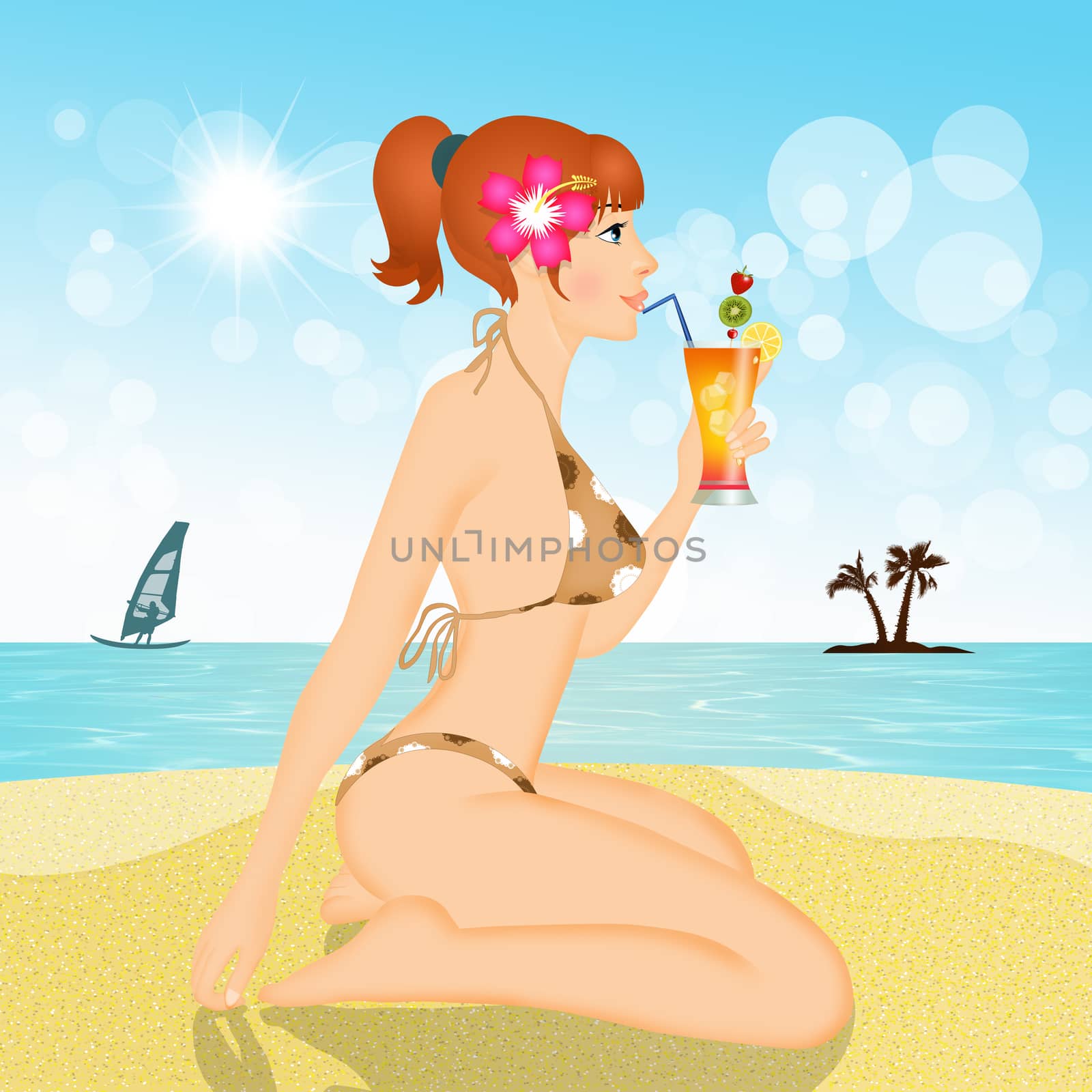sexy woman with cocktail on the beach in summer
