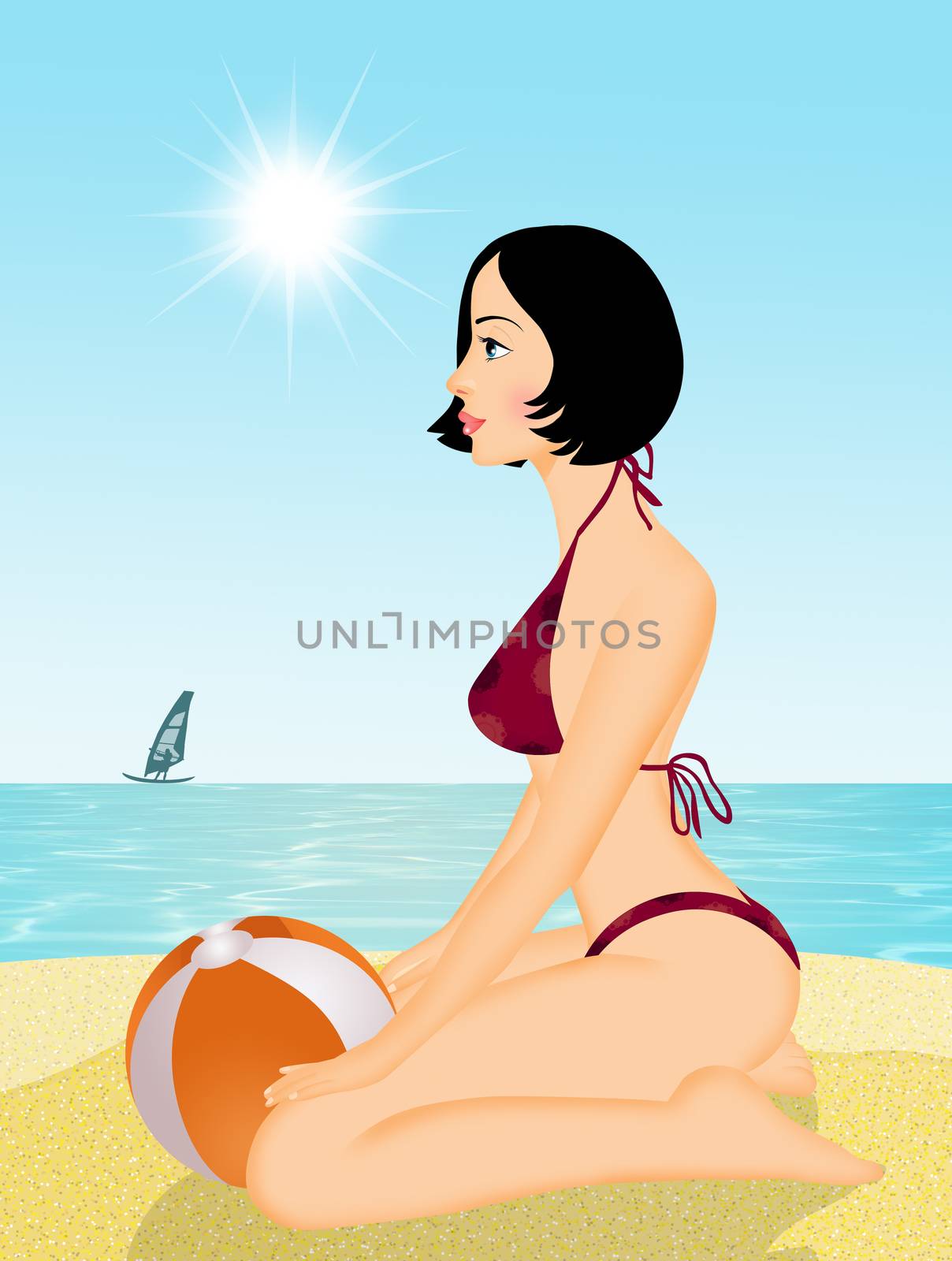 illustration of brunette girl on the beach