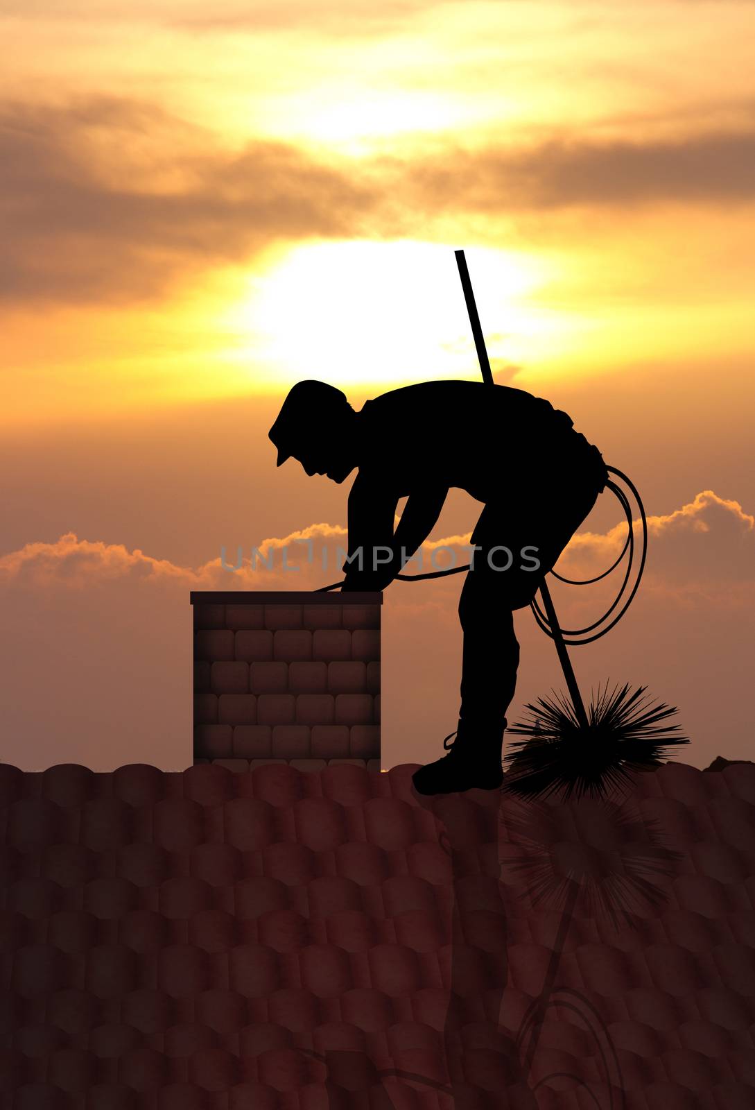 illustration of chimney sweep at sunset