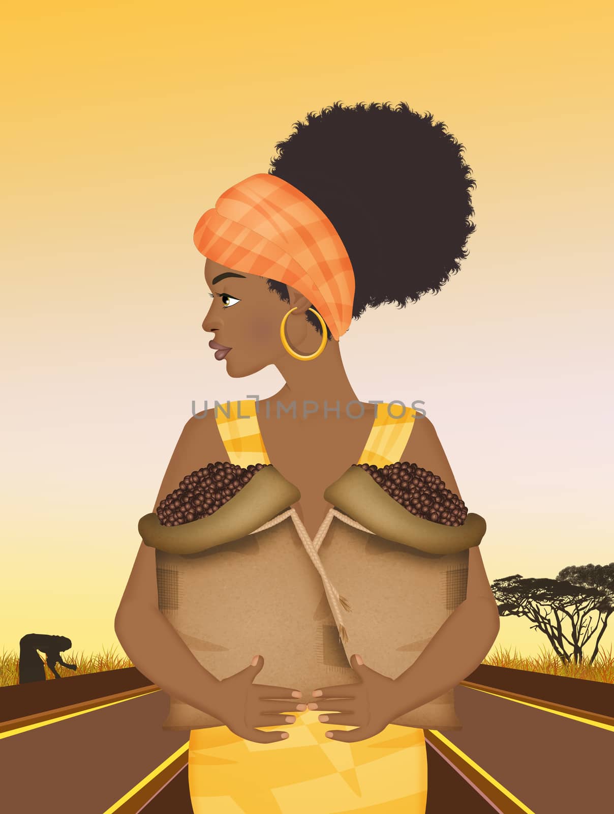illustration of African woman grows coffee