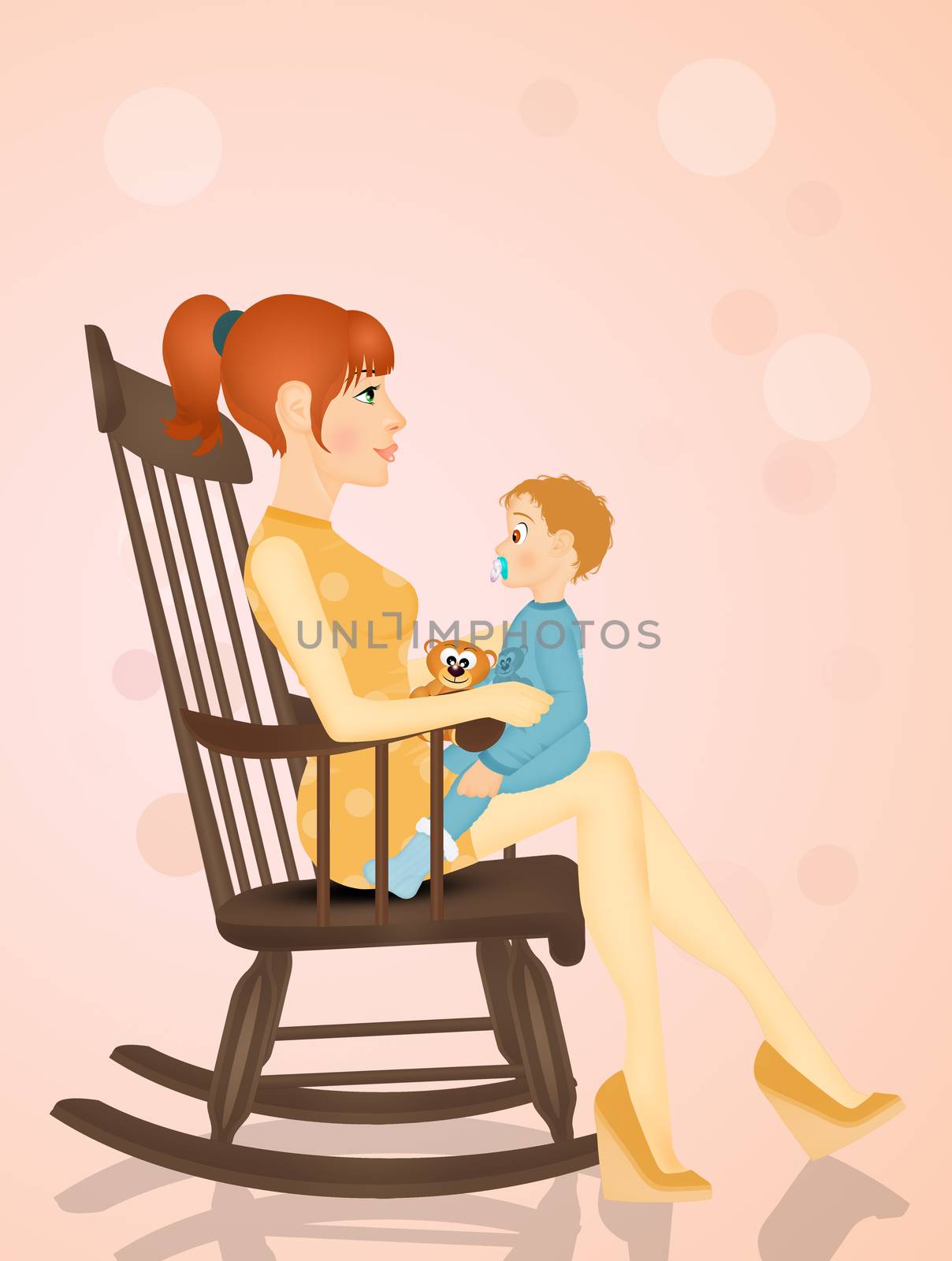 illustration of mom with baby on rocking chair