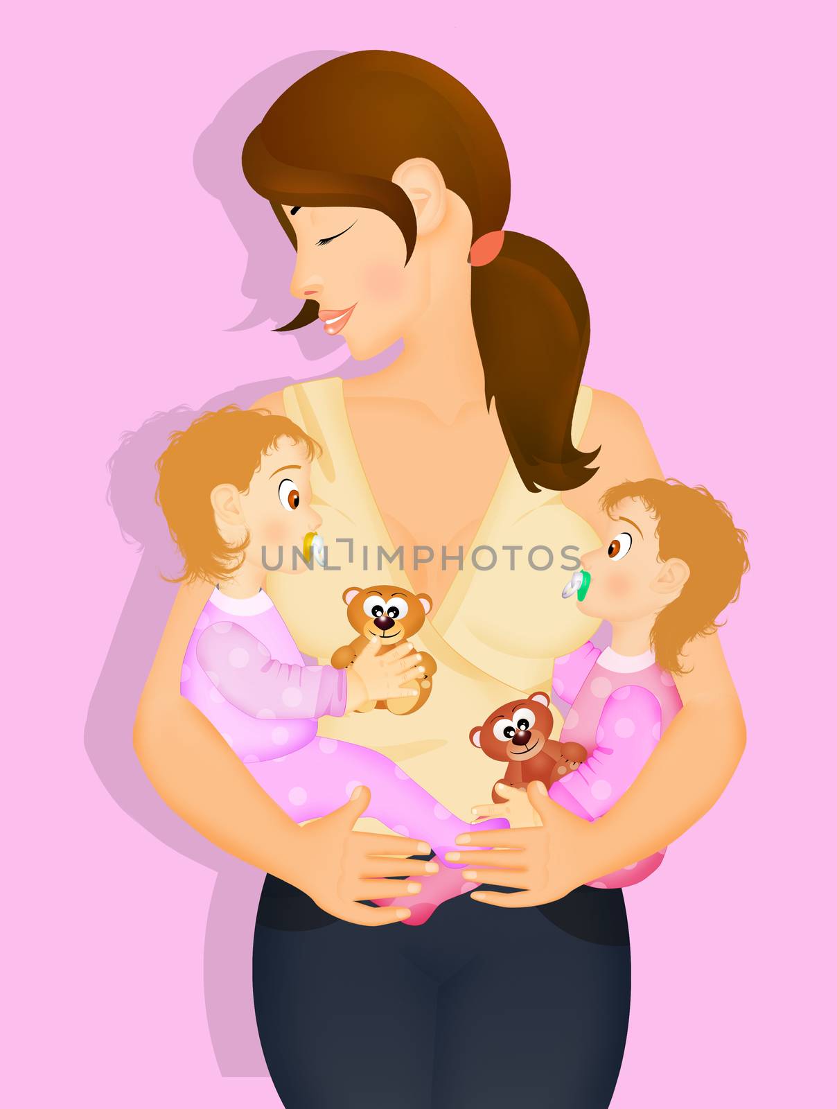 illustration of mother with baby female twins