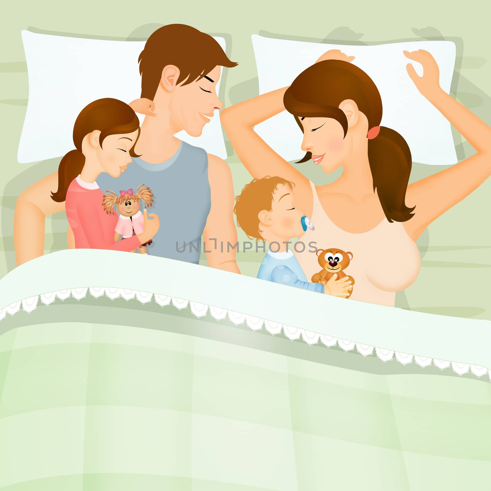 illustration of happy family sleeping together in the bed