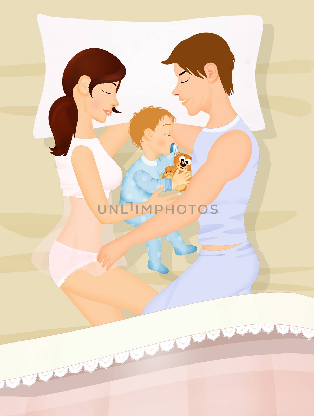 illustration of family sleeps with baby