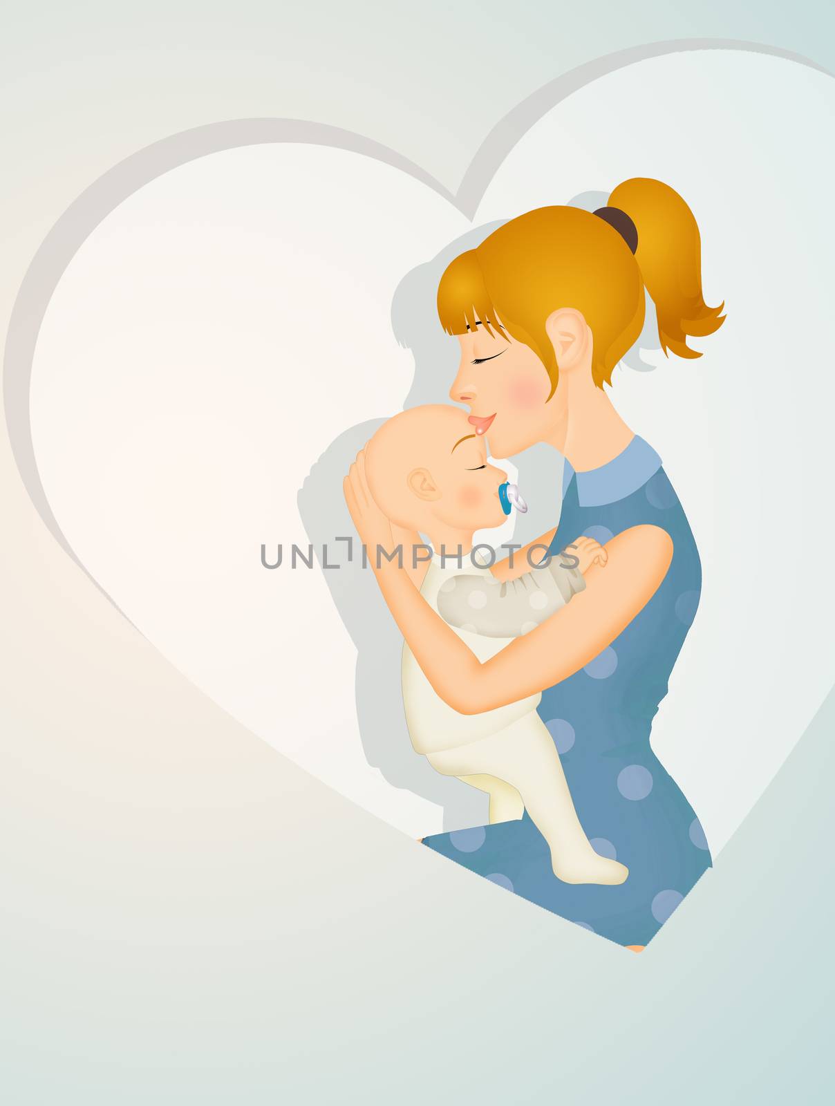 illustration of young mom with baby
