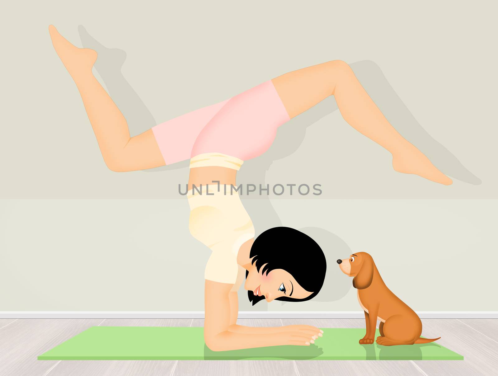 illustration of girl does meditation together with her little dog