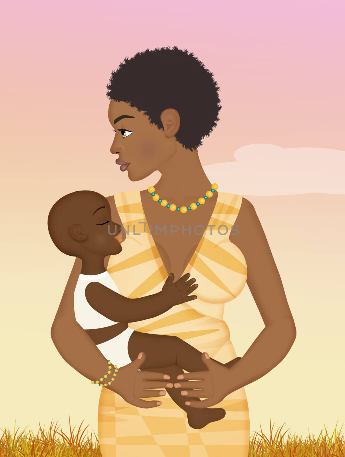 illustration of African woman with son