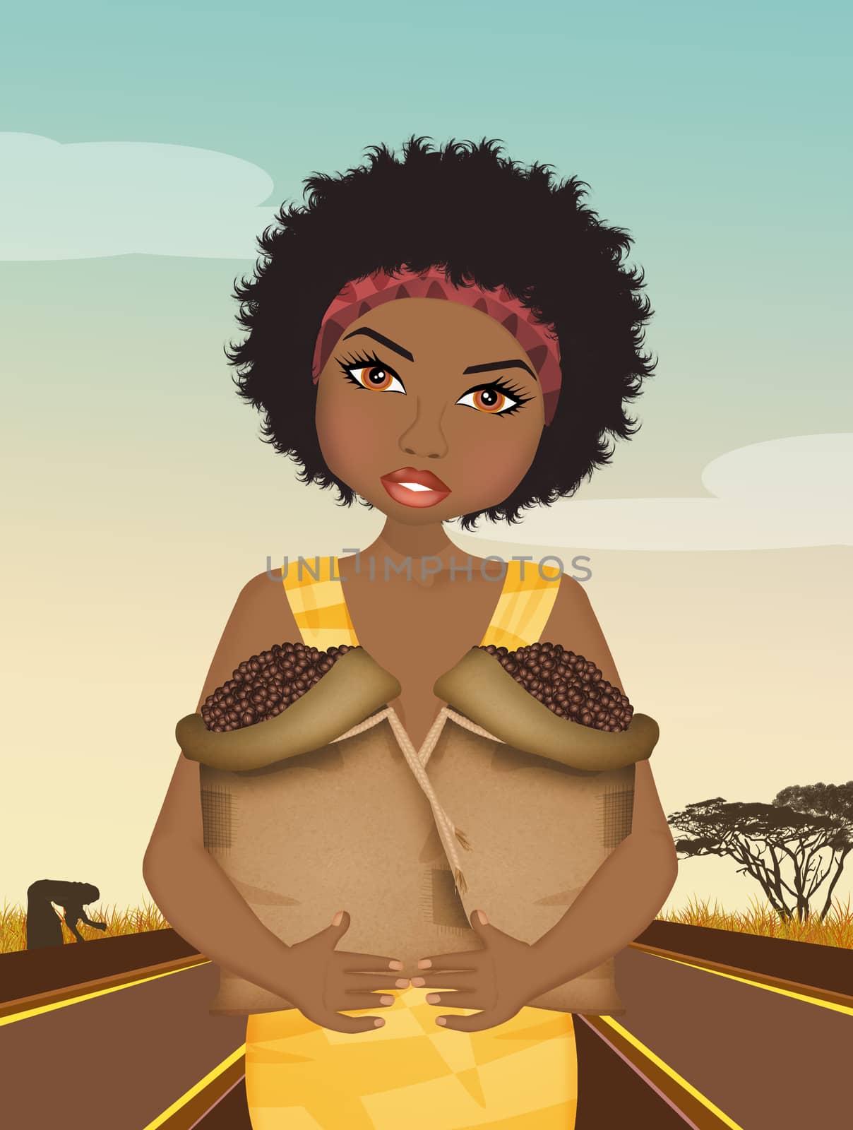 illustration of African woman in the coffee field