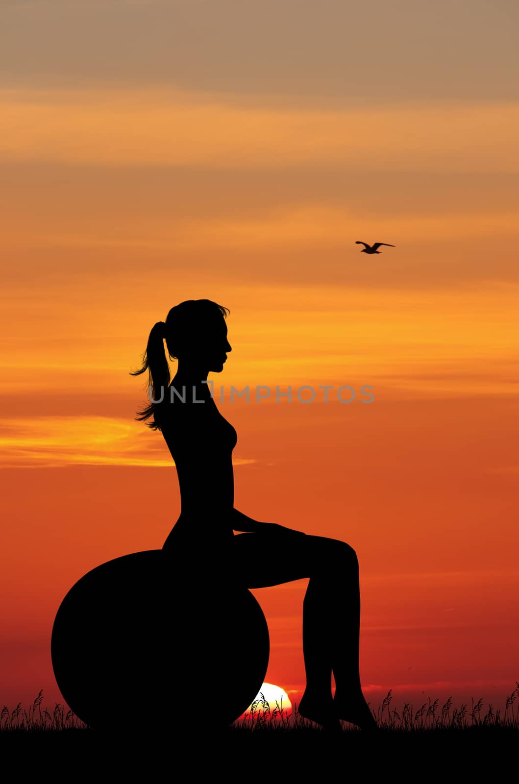 illustration of girl doing pilates at sunset