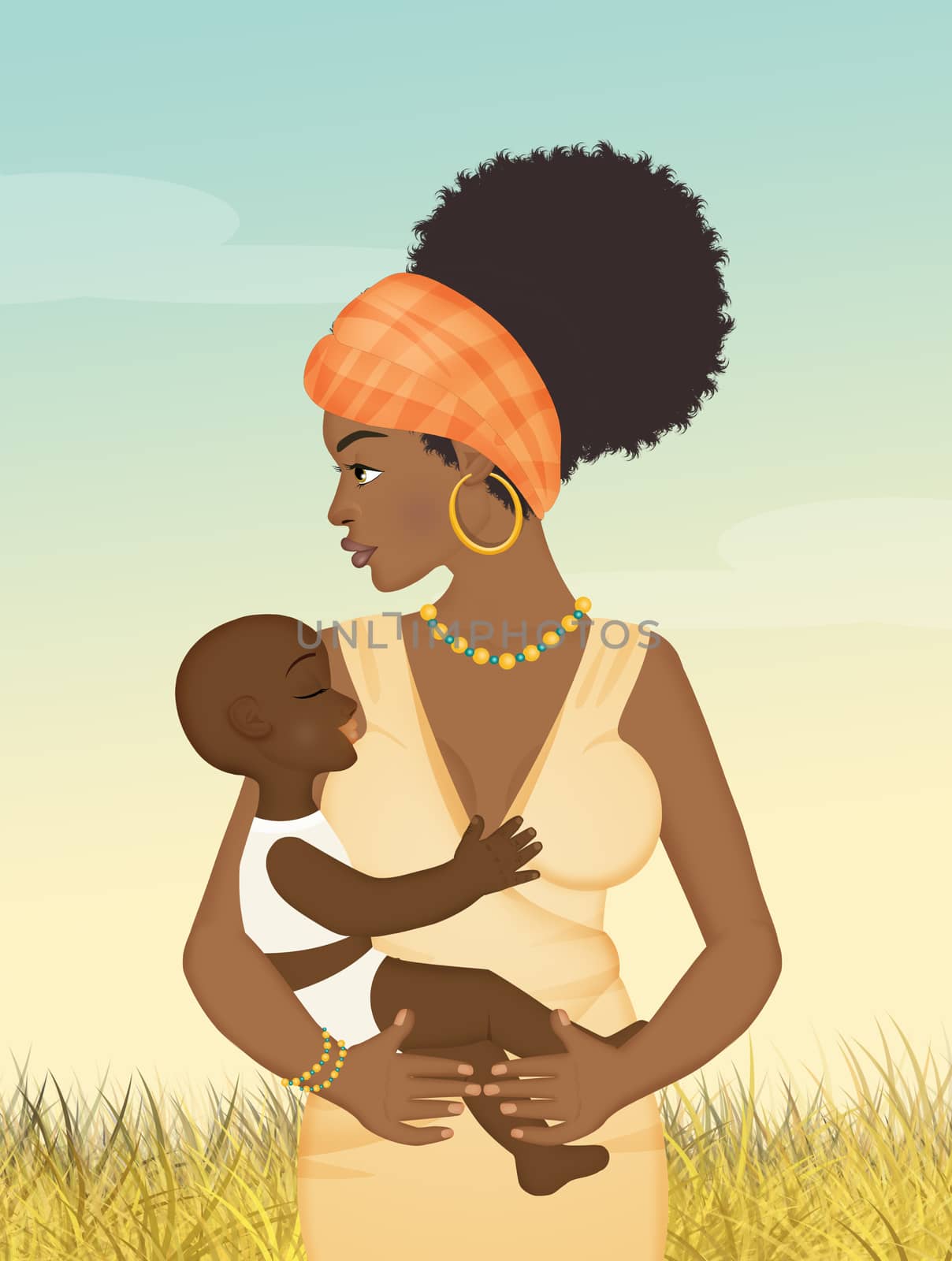 illustration of African woman with baby