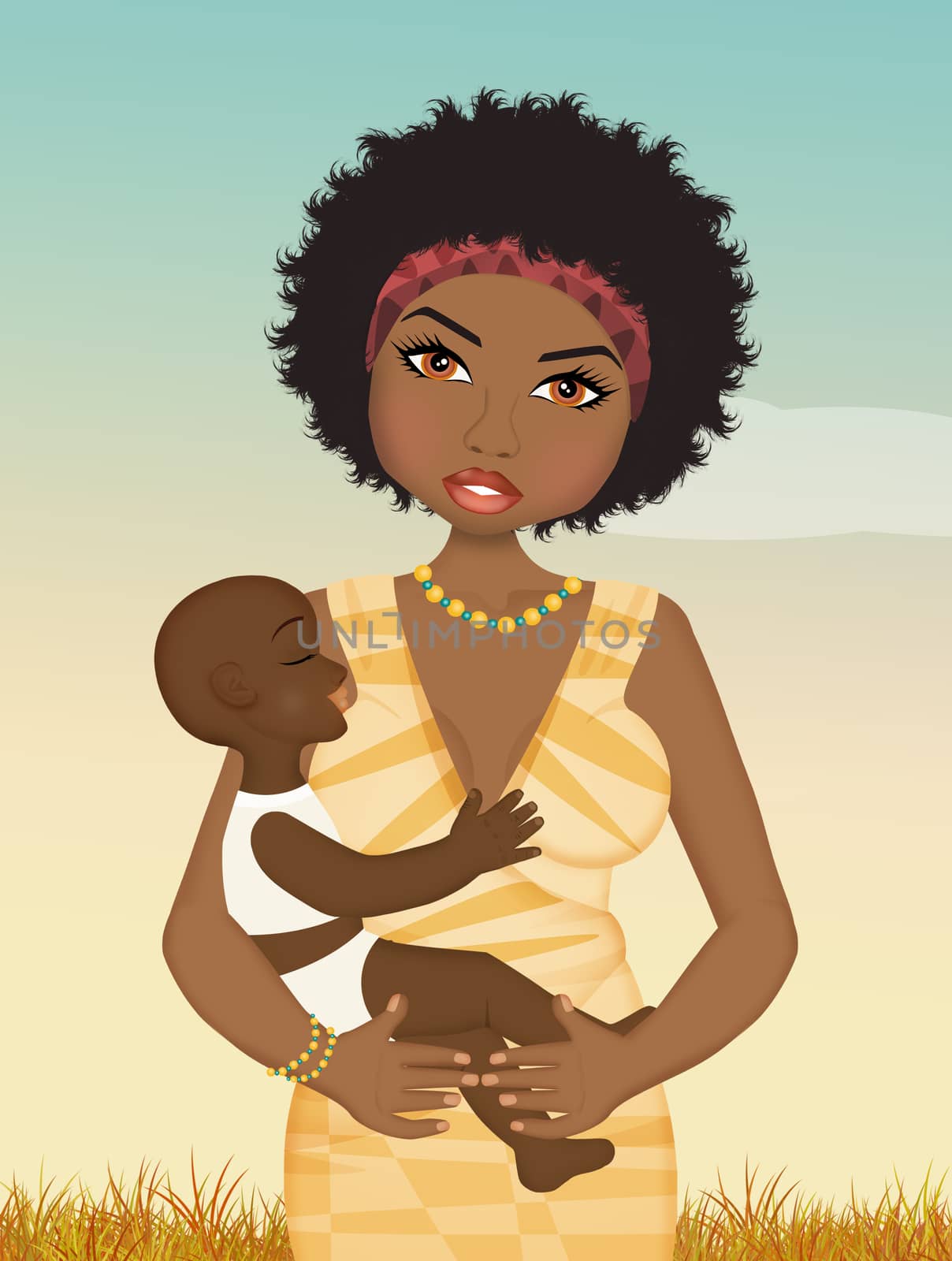 illustration of African girl mother