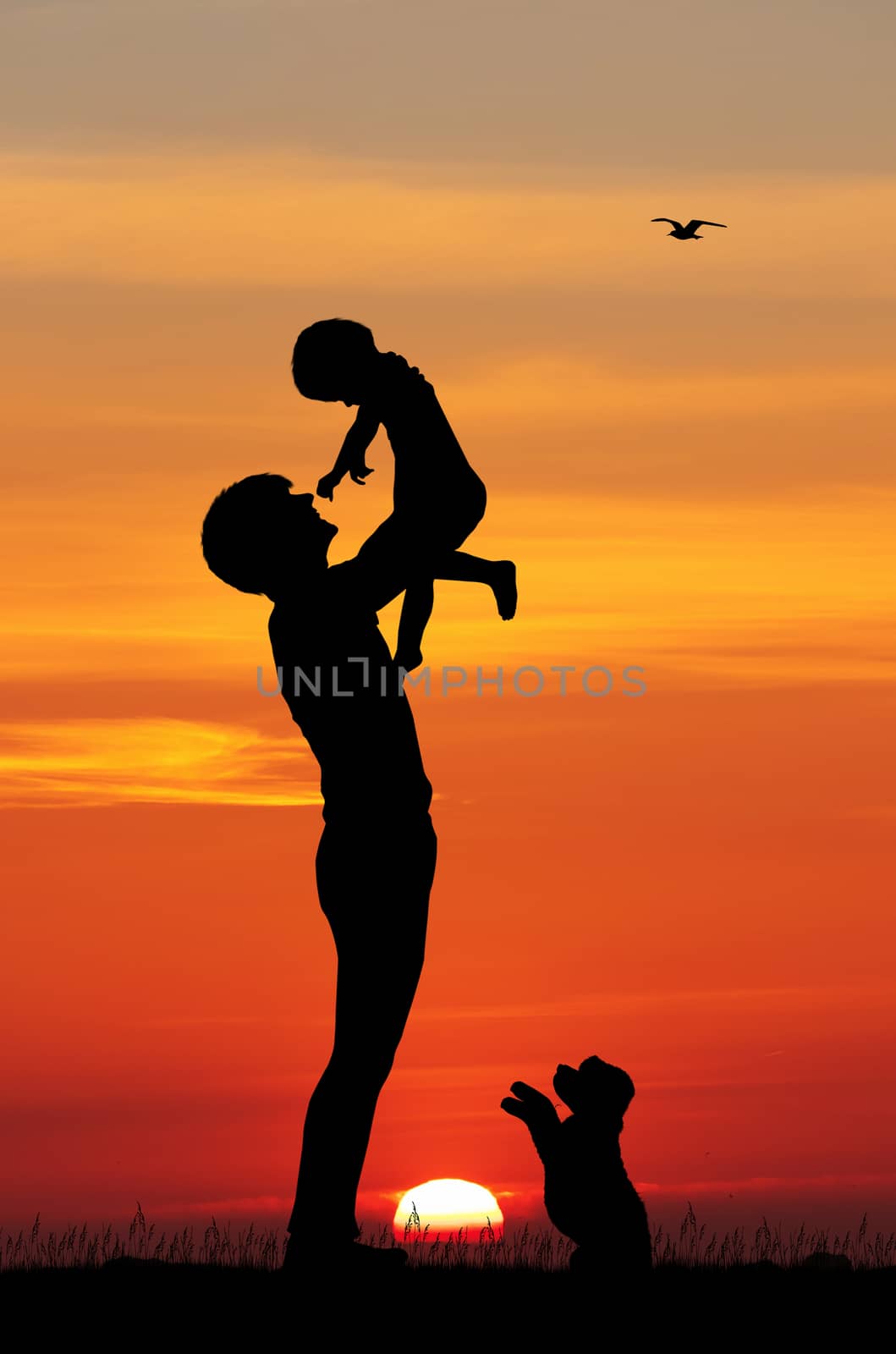 illustration of father with little baby at sunset