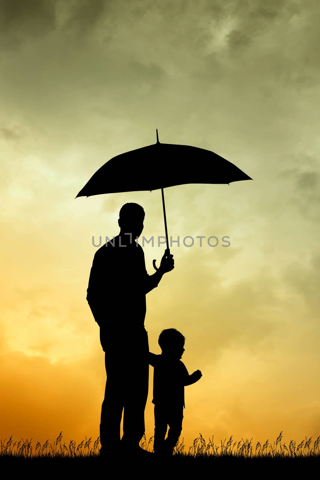 illustration of father with his son in the rain