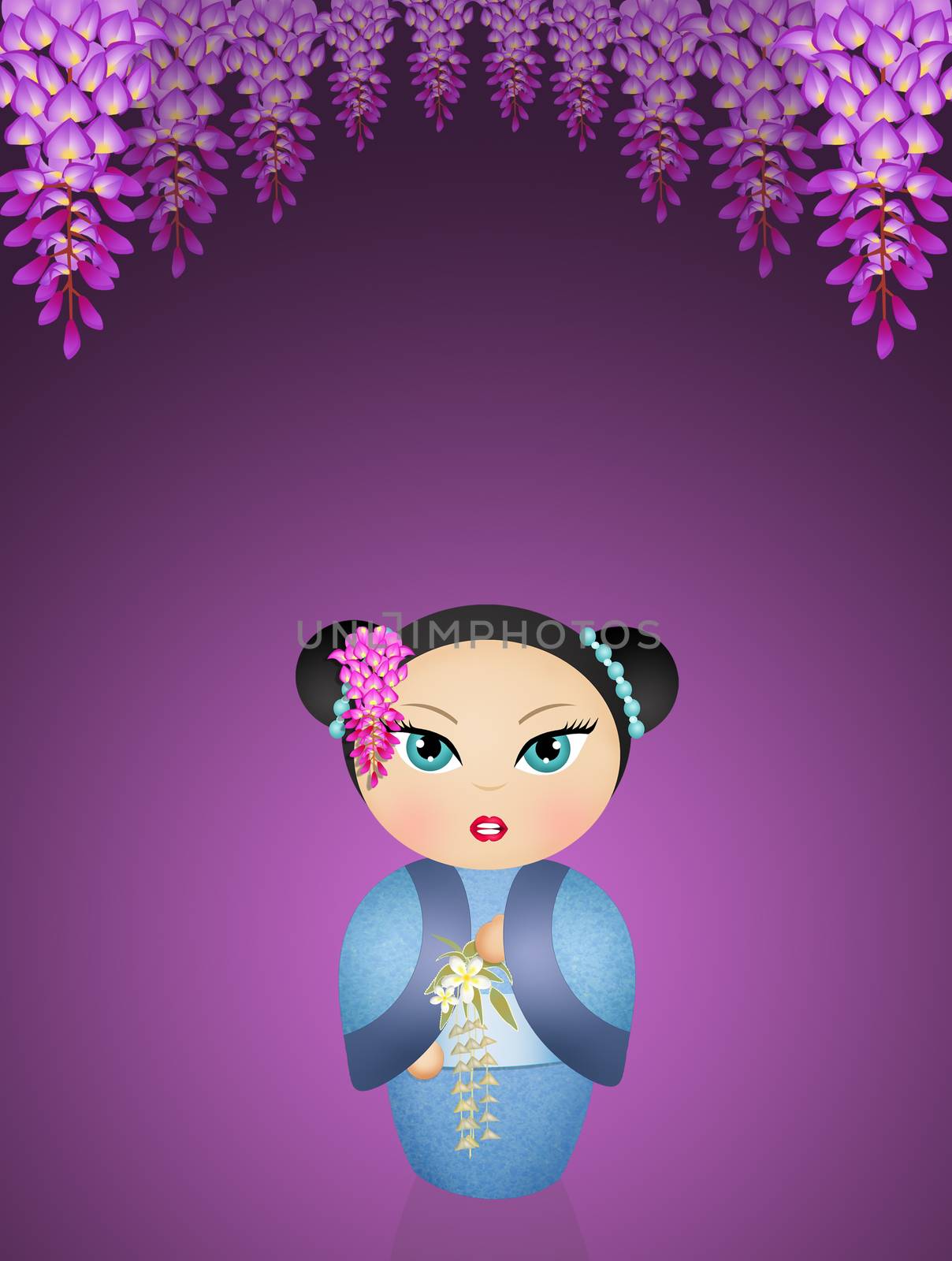 illustration of kokeshi doll and wisteria flowers