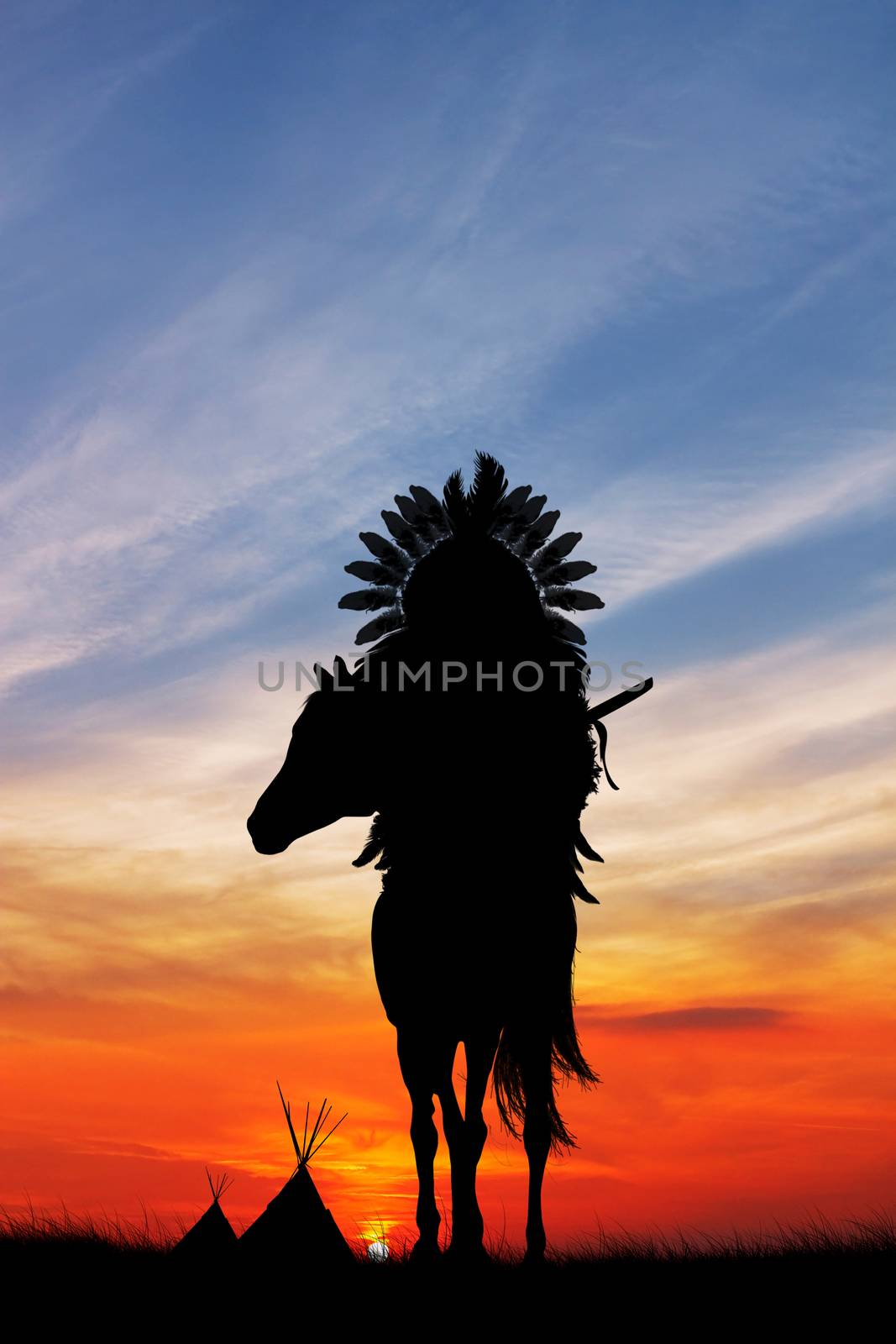 illustration of Native American Indian on horseback at sunset