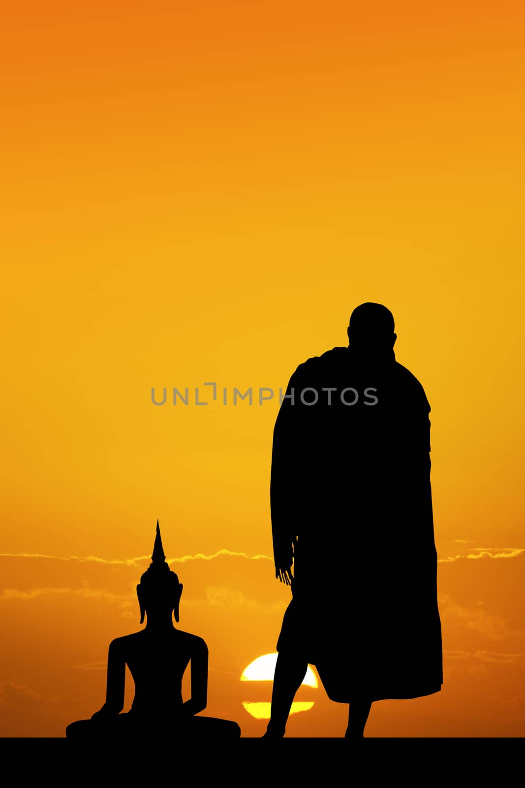 illustration of monks Buddhists prayers to the Buddha