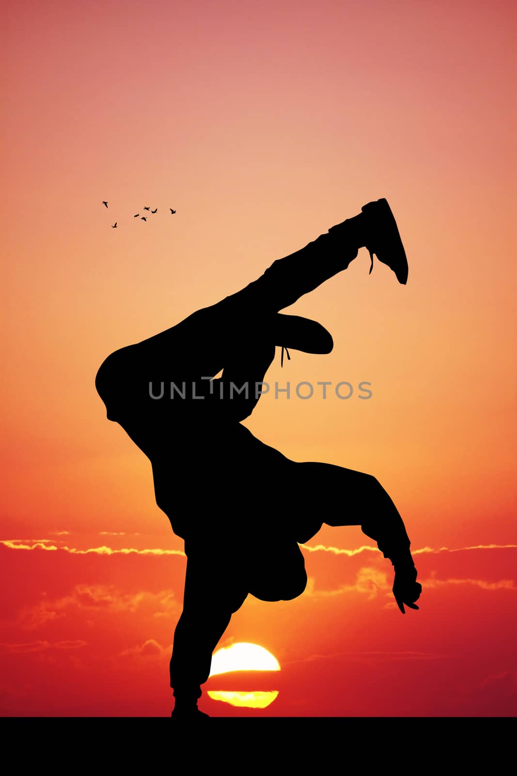 illustration of breakdance performer at sunset by adrenalina