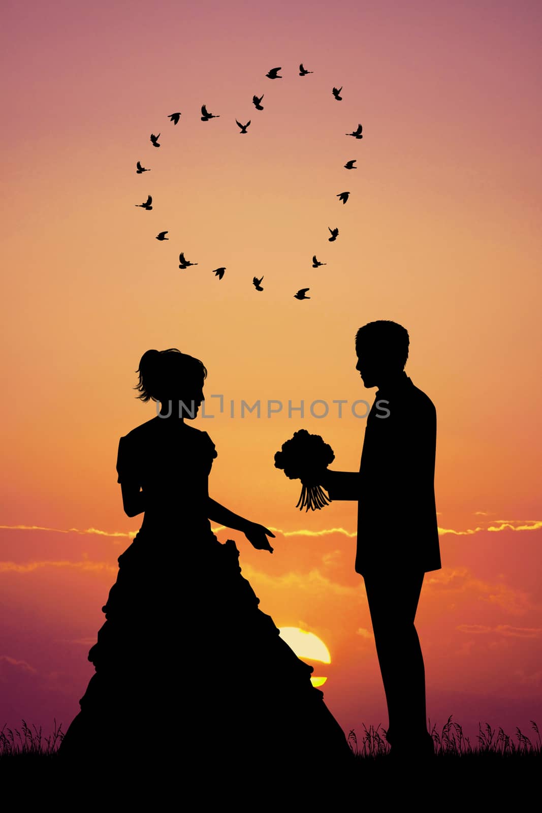 Bride and groom at sunset by adrenalina