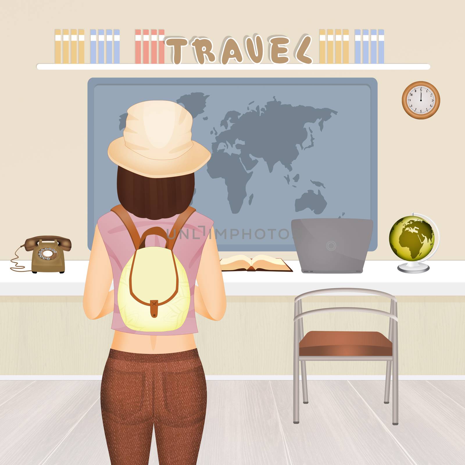 illustration of traveling girl in the travel agency