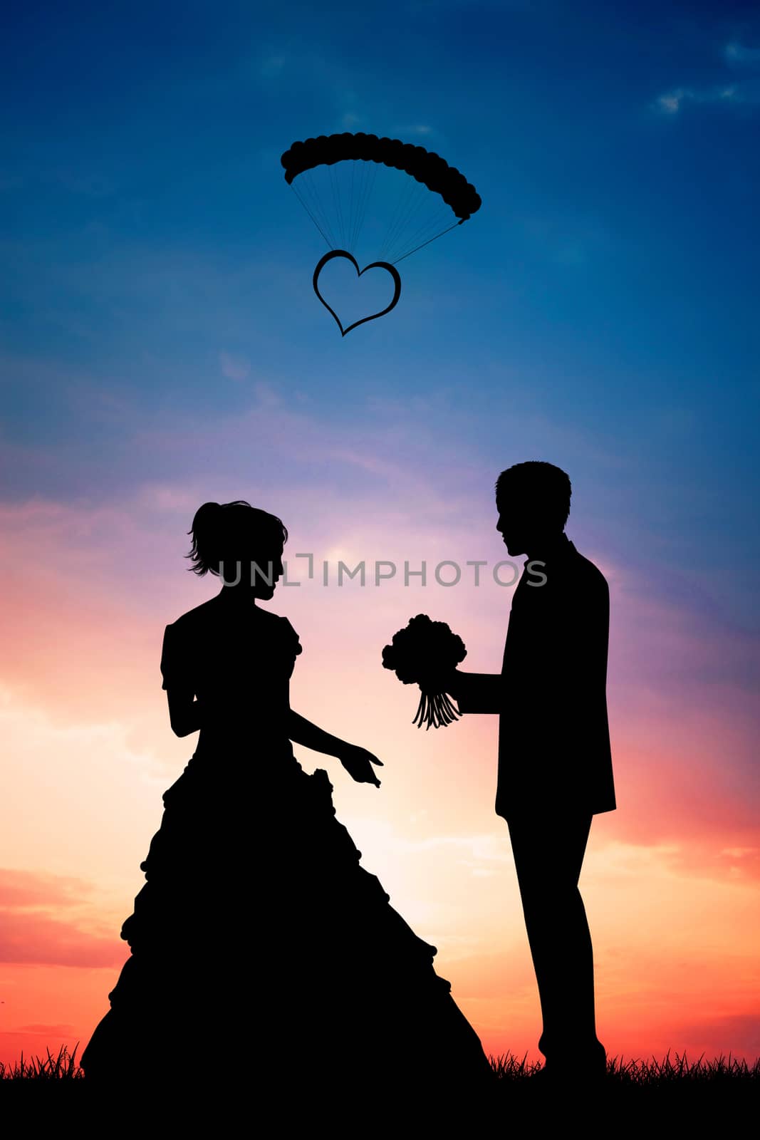 illustration of Bride and groom at sunset