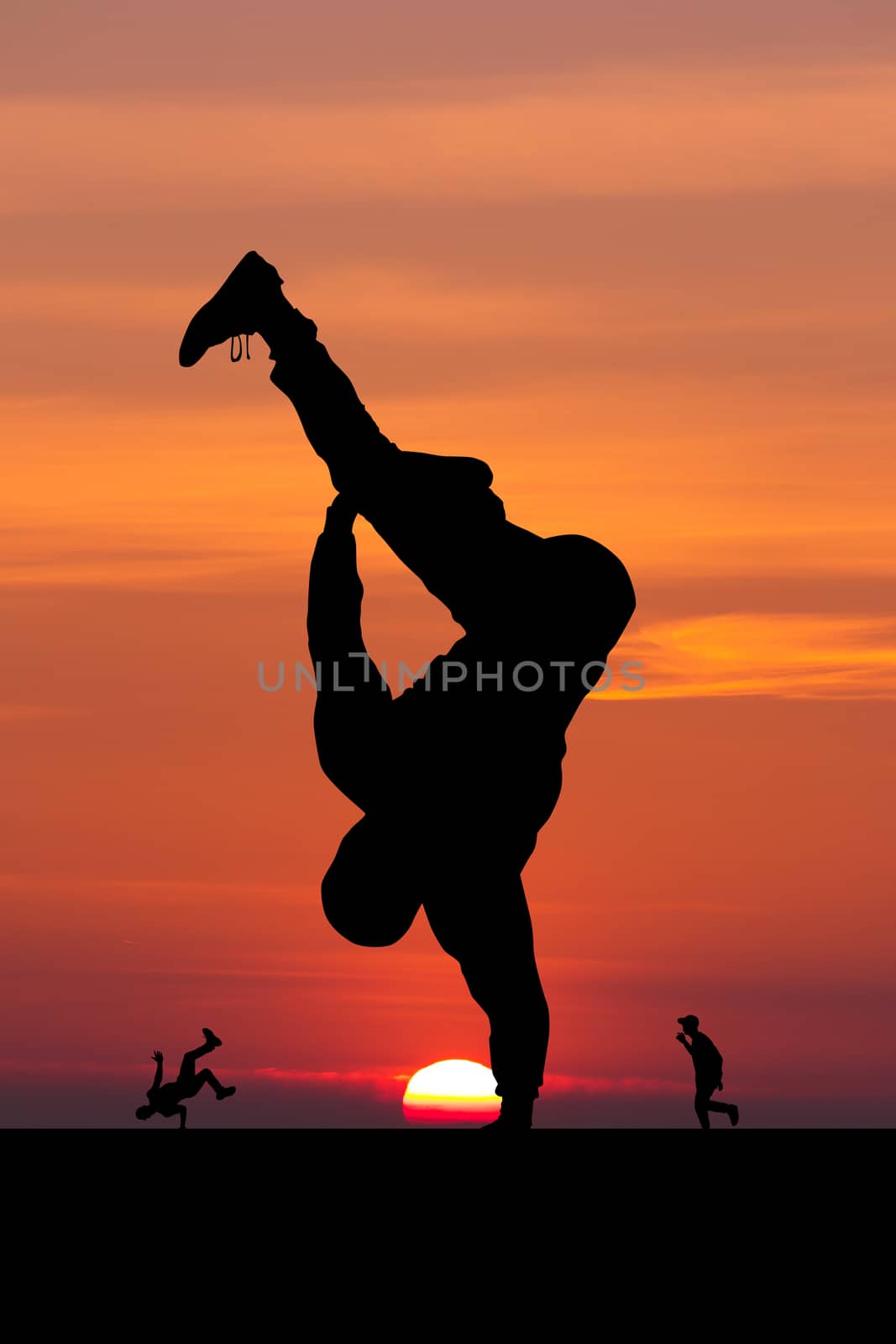 illustration of breakdance performer at sunset by adrenalina
