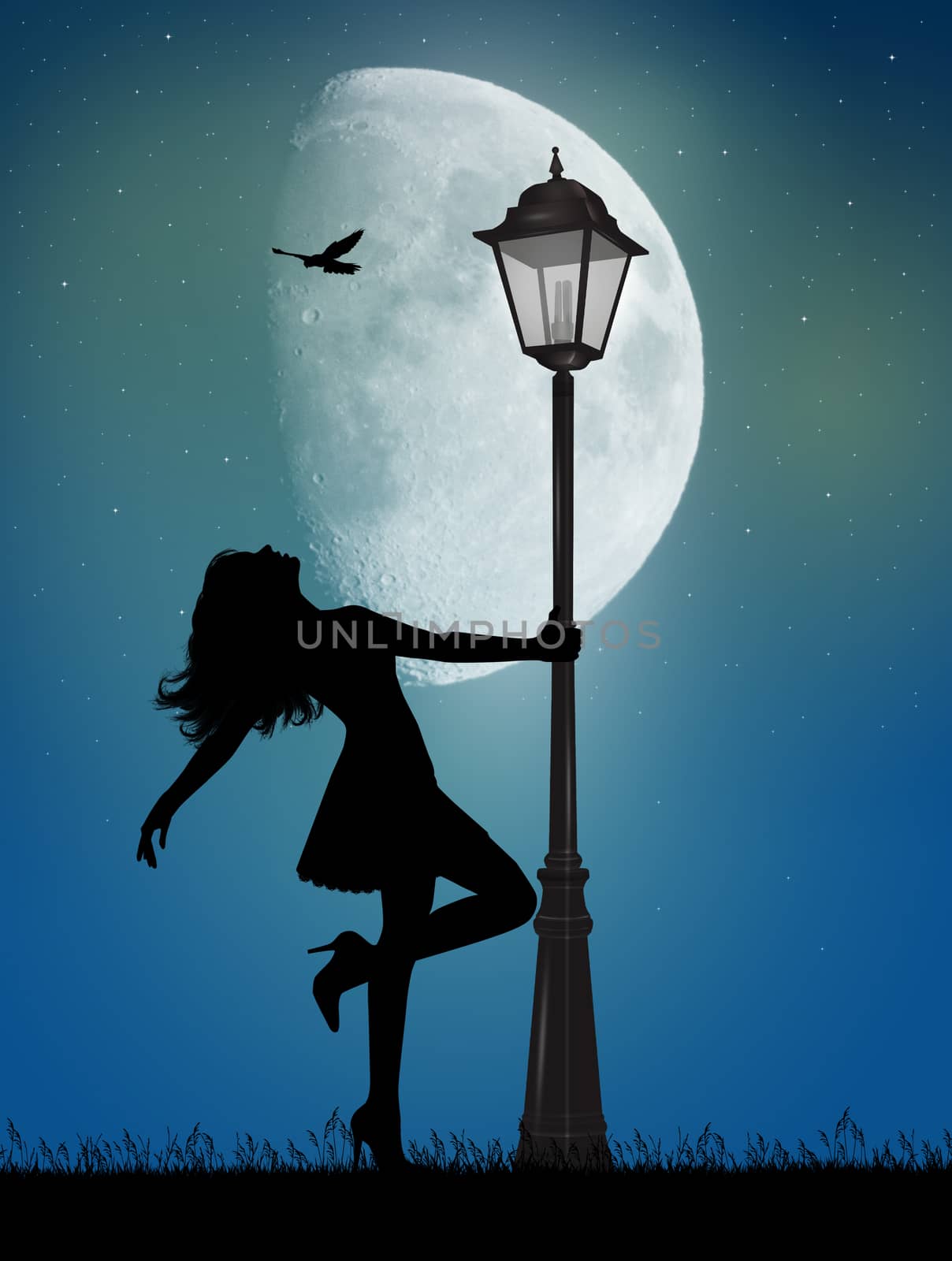 illustration of girl dancing around the lamppost of light