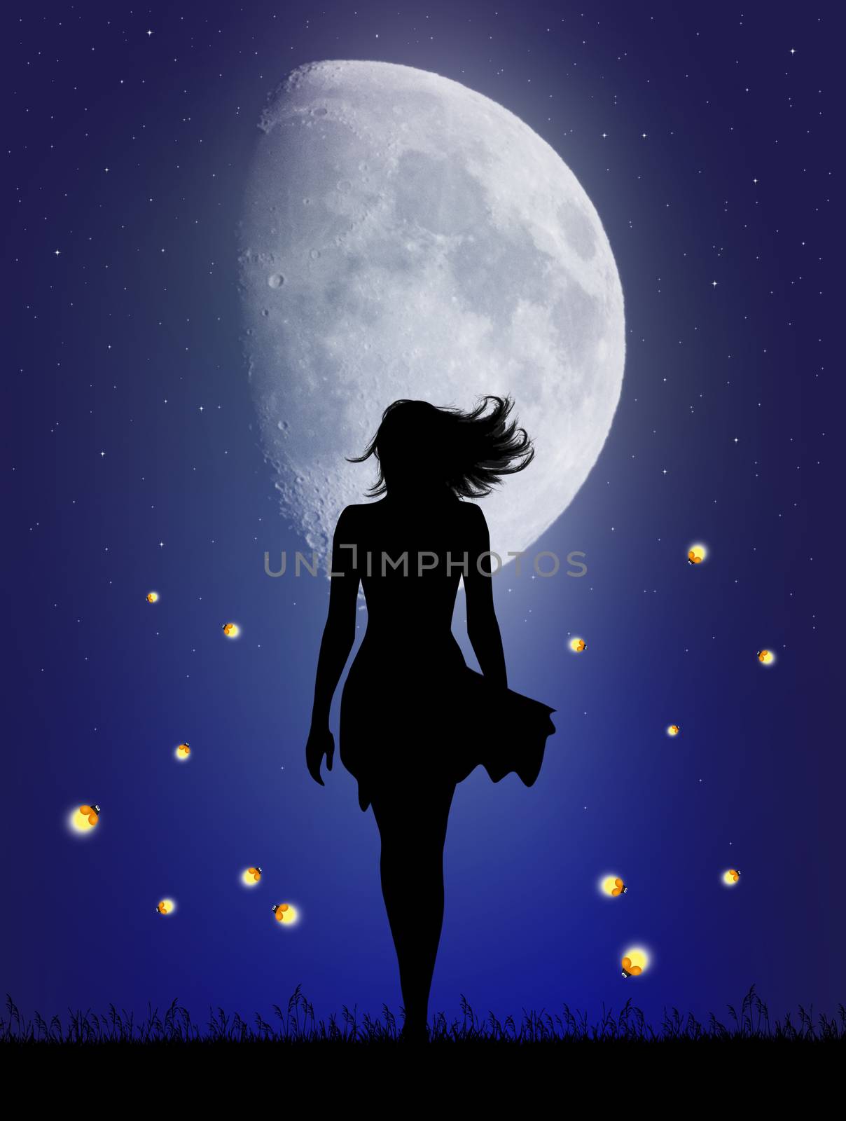 woman walks in the moonlight with fireflies by adrenalina
