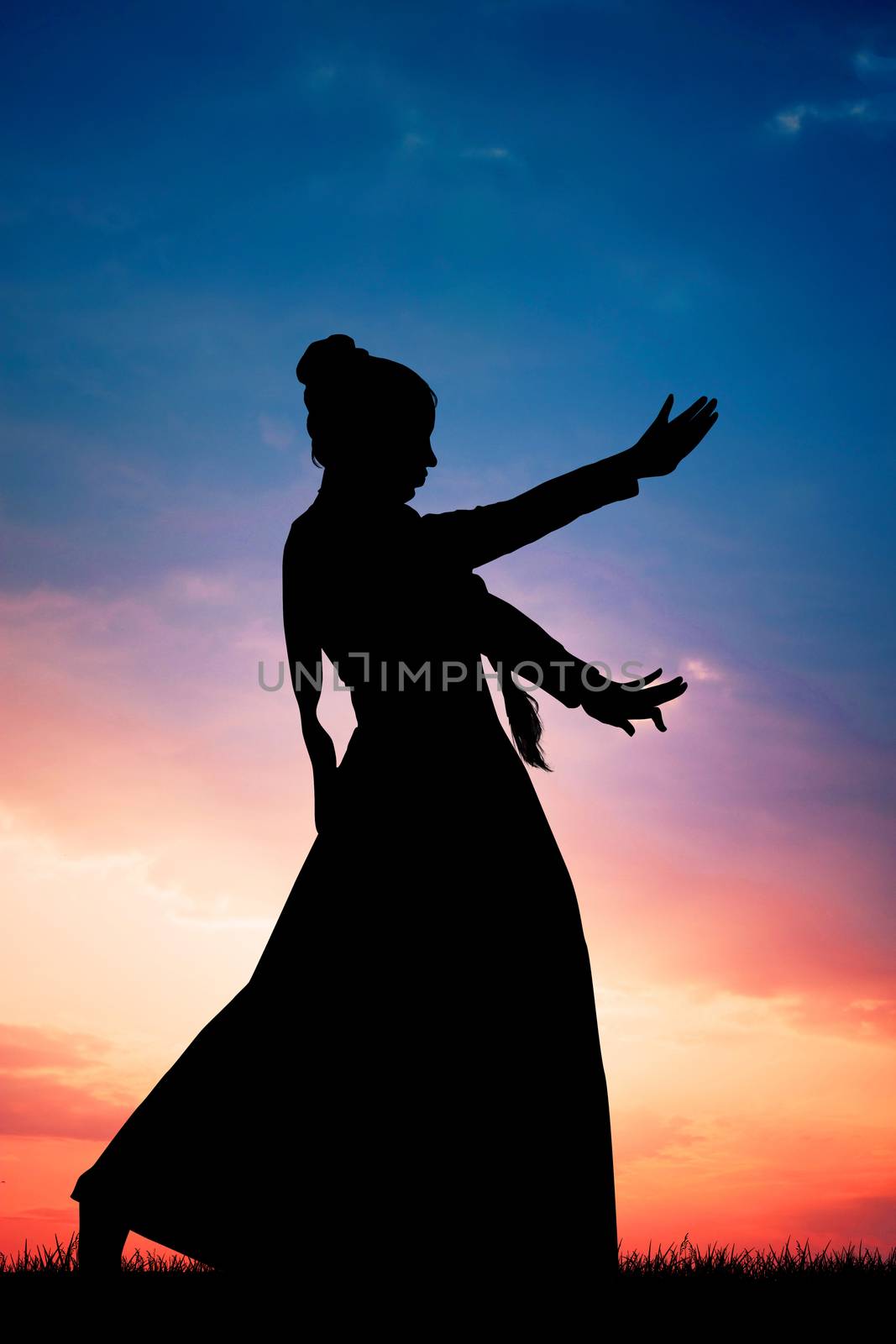 illustration of woman dancing the Bollywood Indian dance at sunset