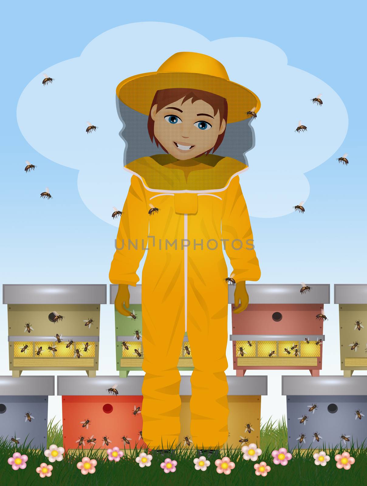 funny illustration of beekeeper man