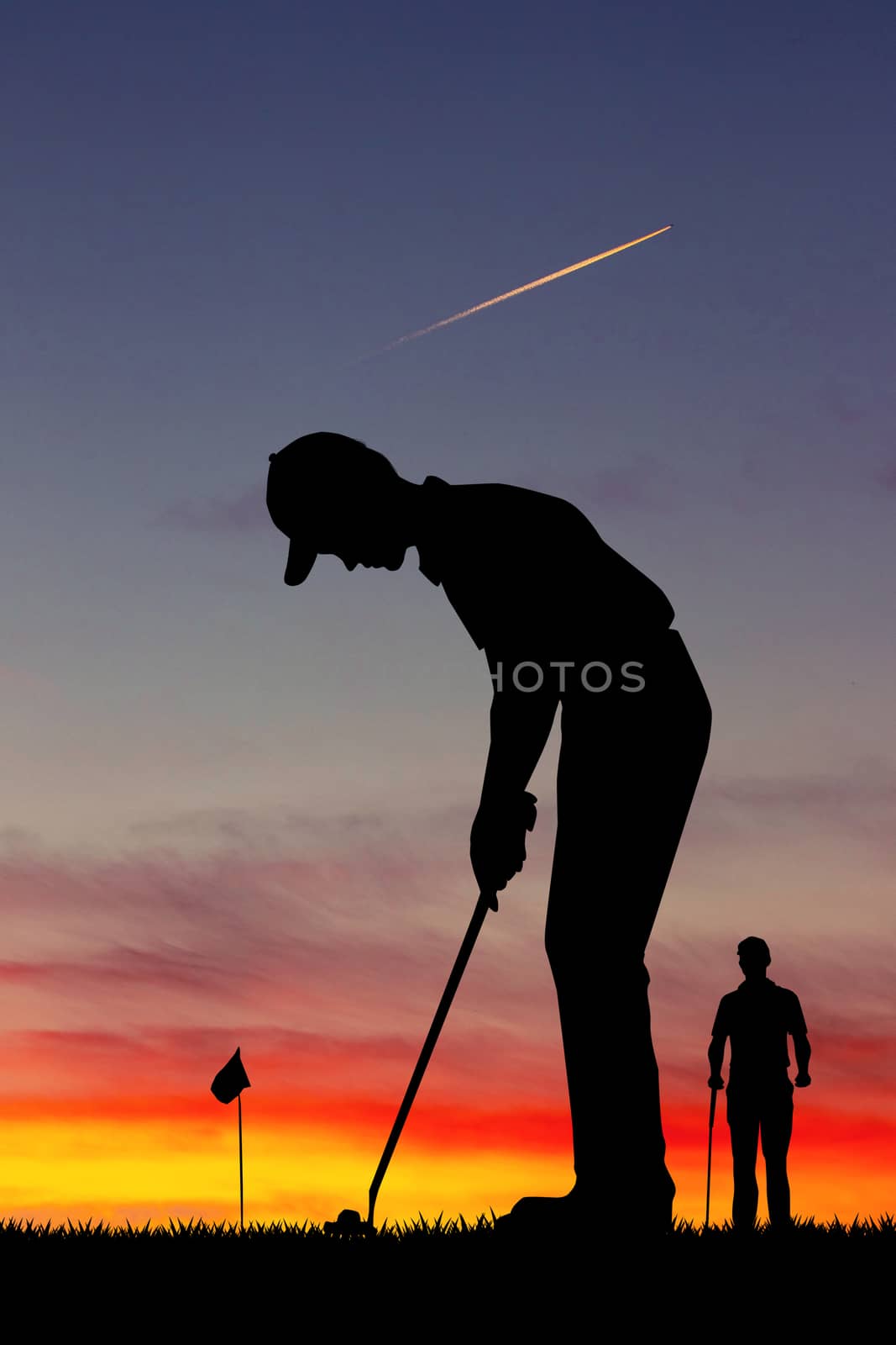illustration of men play golf at sunset