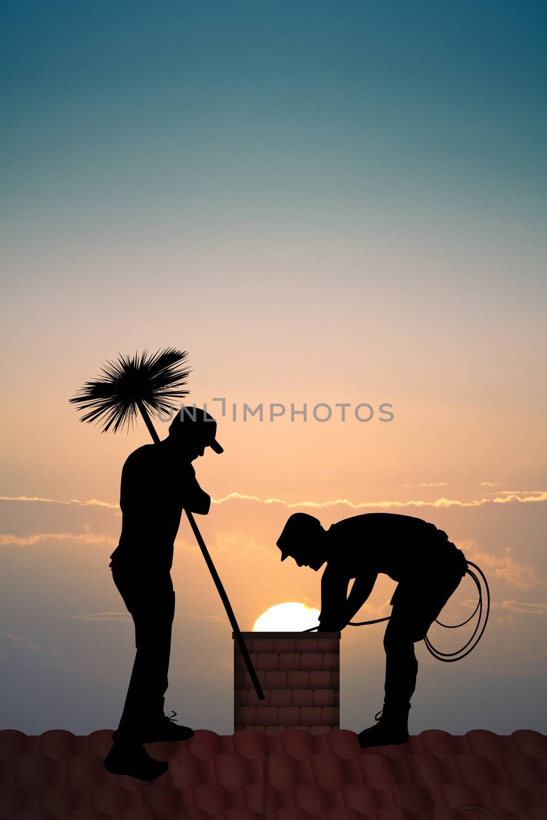 illustration of chimney sweep on the roof at sunset