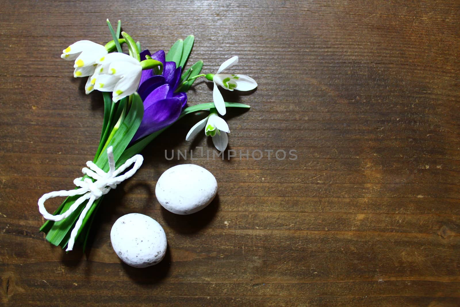 early flowering plants with eastereggs on a brown table by martina_unbehauen