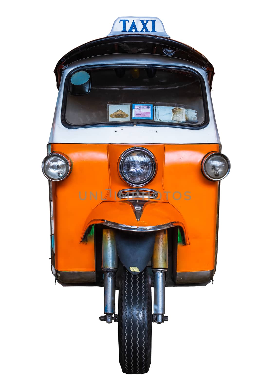 The Front Of A Grungy Old Orange Thailand Tuk-Tuk Taxi Isolated On A White Background