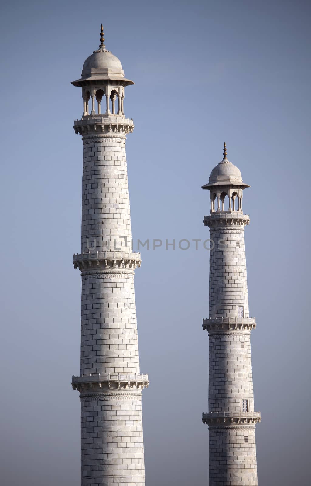 The view of the minarets of the Taj made of white marble in Agra, India.