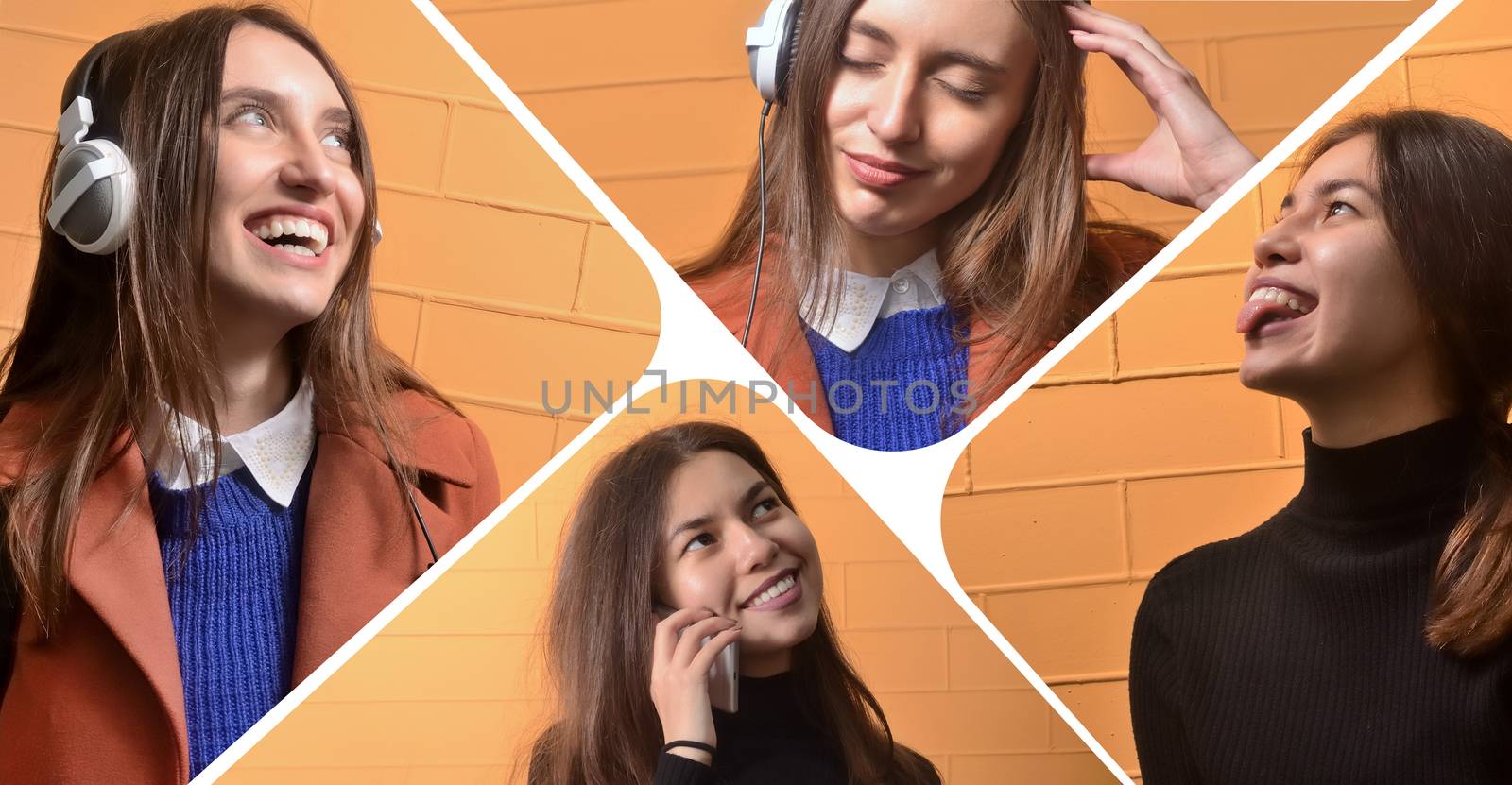 ?ollage portrait of young girls talking on the phone and listening to music on yellow backgraund