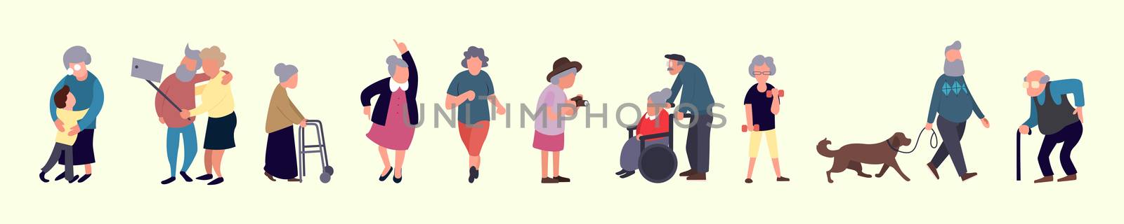 Crowd of elderly people. Senior outdoor activities. Old men and women walking. Recreation and leisure senior activities concept.