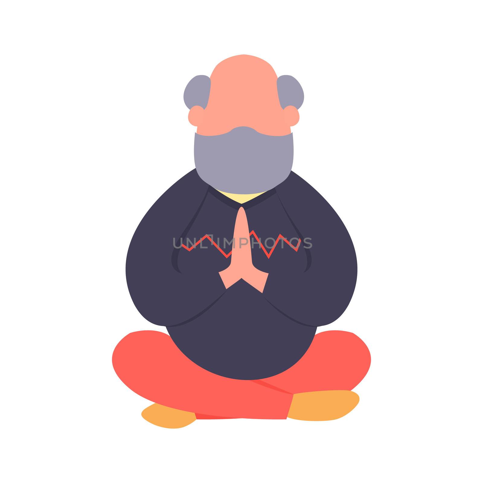 Elderly man meditating in a lotus pose. Simple flat old man character. Yoga holistic practic for seniors. Healthy lifestyle concept. by Elena_Garder