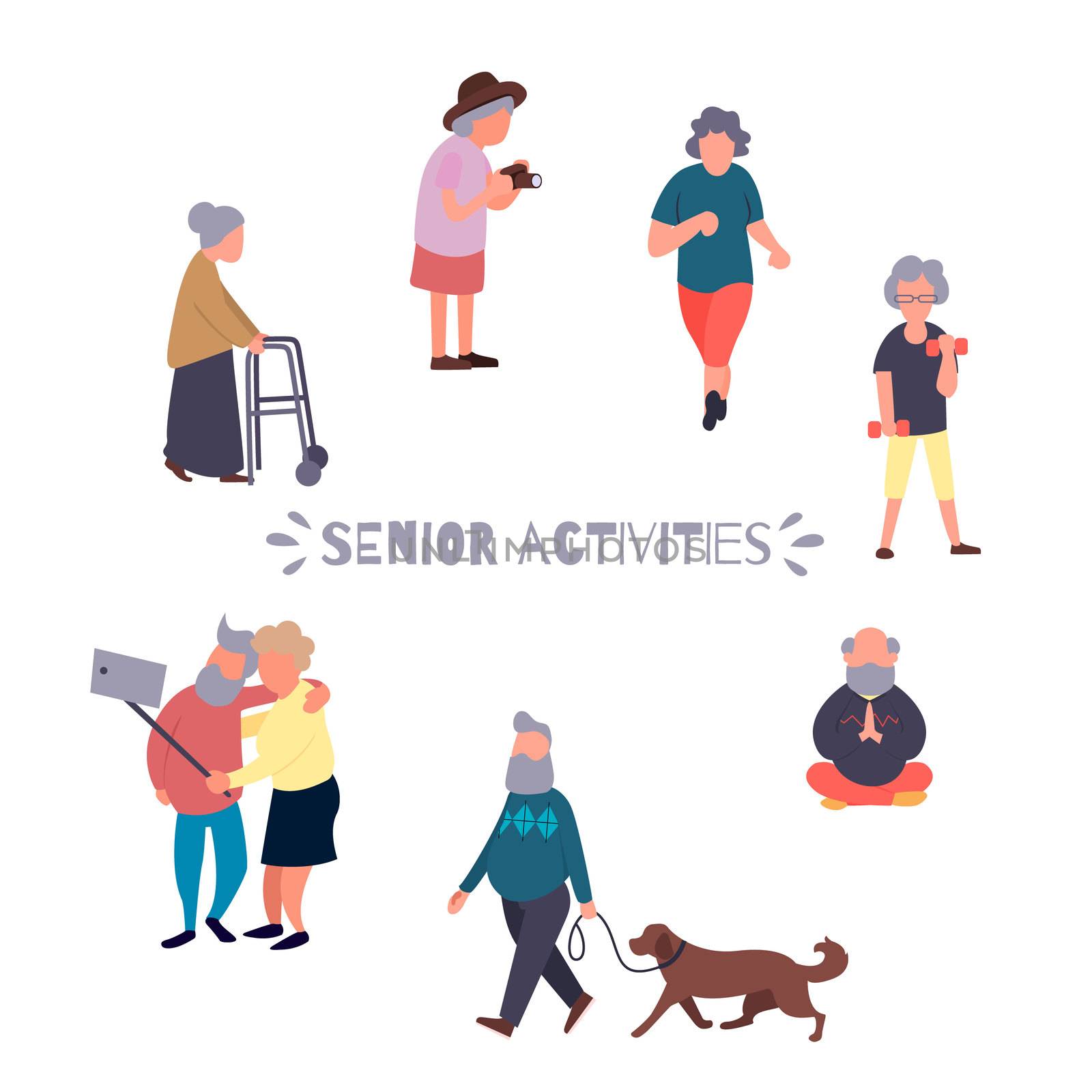 Recreation and leisure senior activities concept. Group of active old people. Elder people background. Cartoon elderly female character.