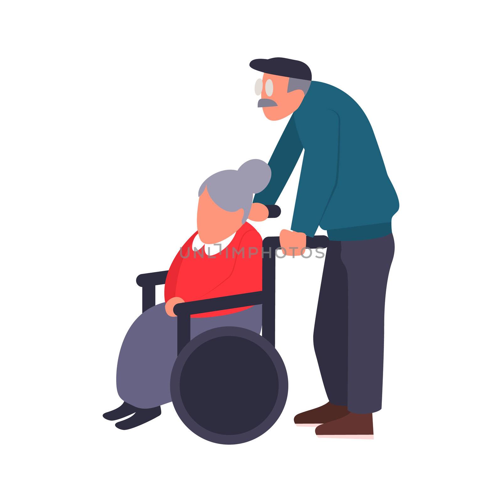 Mature couple on a walk. Care of a disabled person. Old man carries an elderly woman in a wheelchair. Cartoon illustration of senior couple