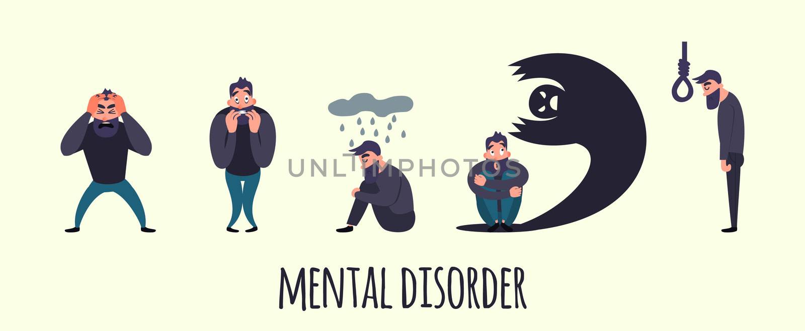Group of people with psychology or psychiatric problem. Illness men in anxiety disorder. Phobia, suicide, fear and other mental disorder illustration by Elena_Garder