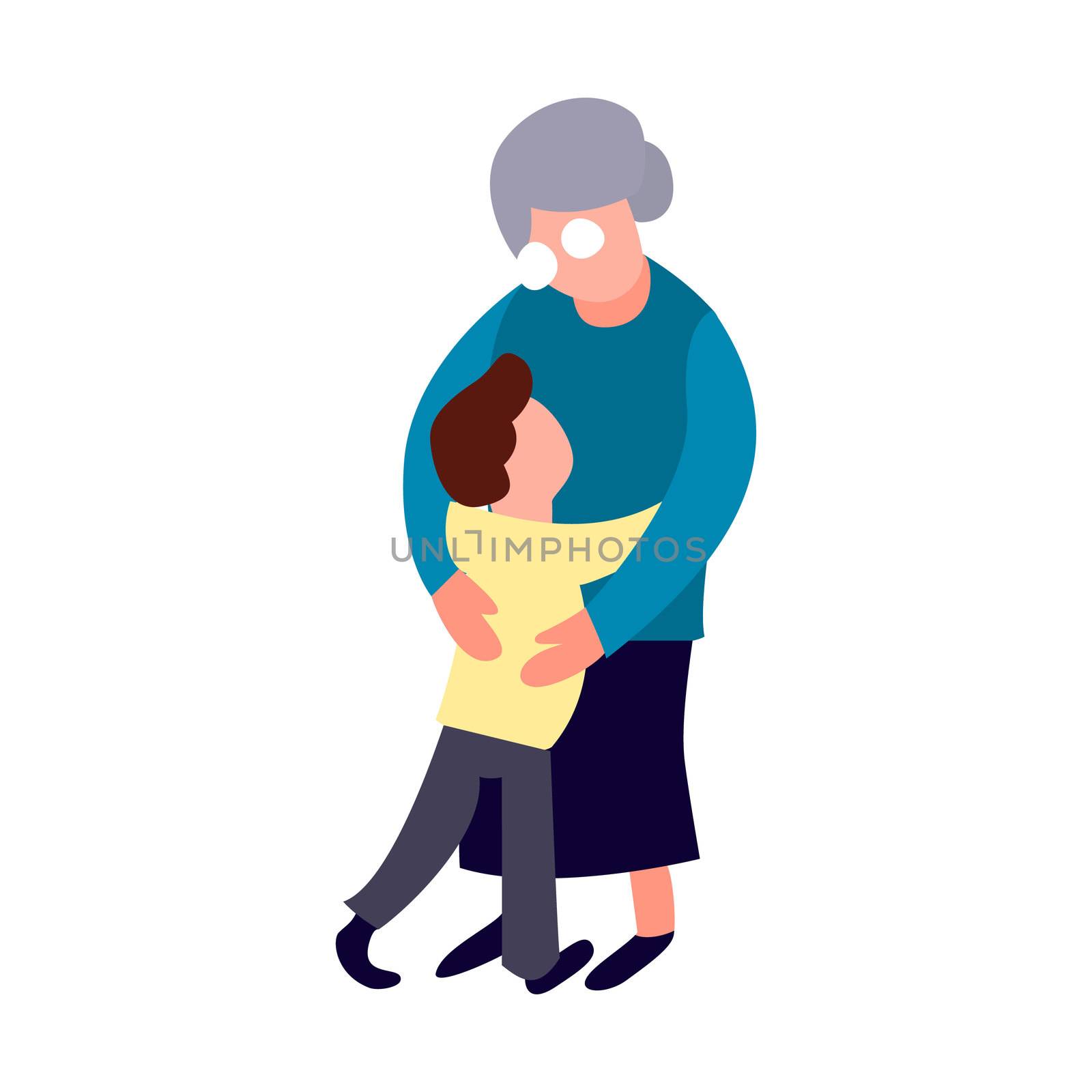 Grandmother and grandson hug. Cartoon flat old women and little boy form. Happy family concept. Senior person lifestyle by Elena_Garder