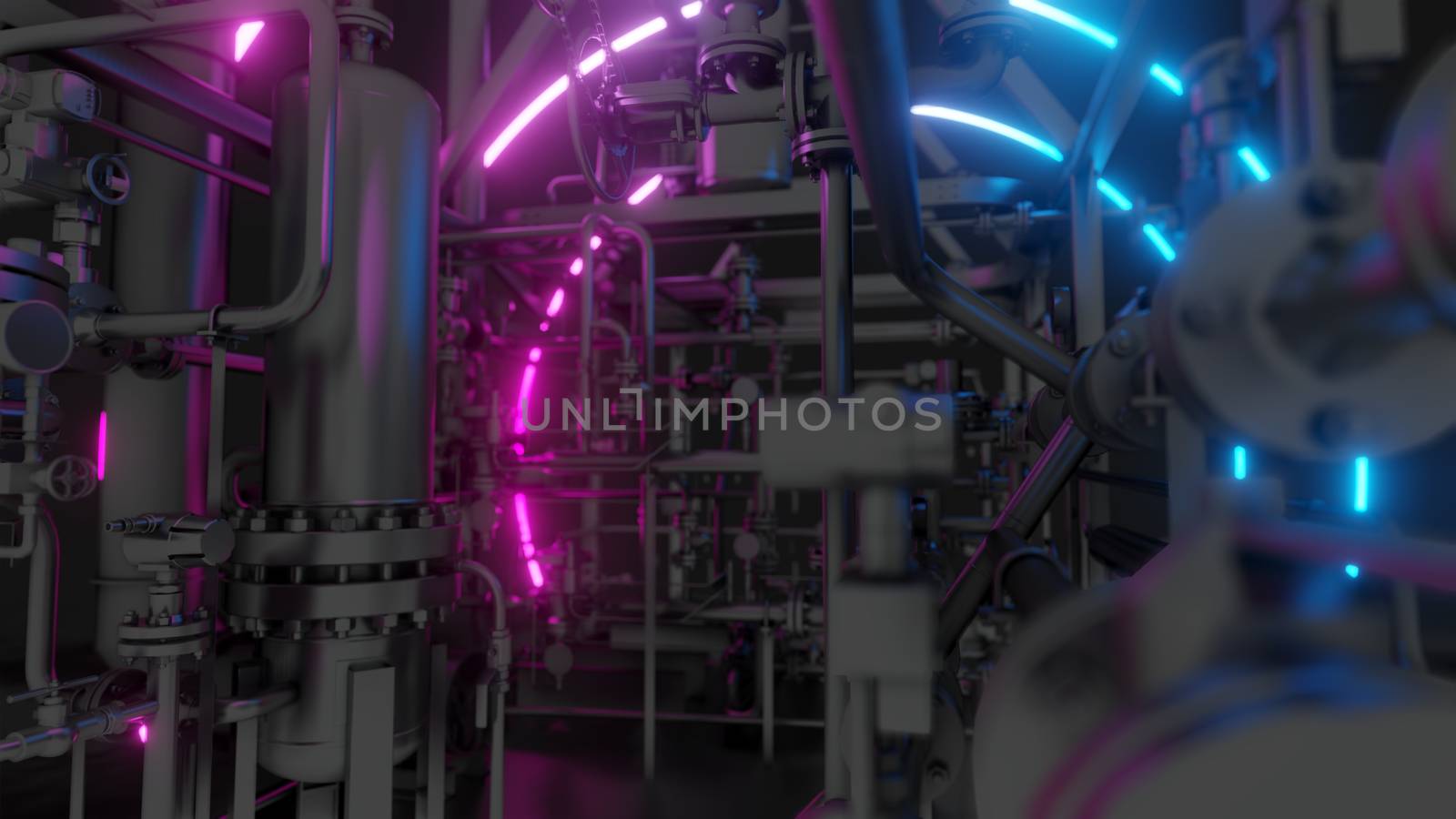 Abstract Industrial Equipment with Neon Lights. Ultraviolet light. 3D illustration