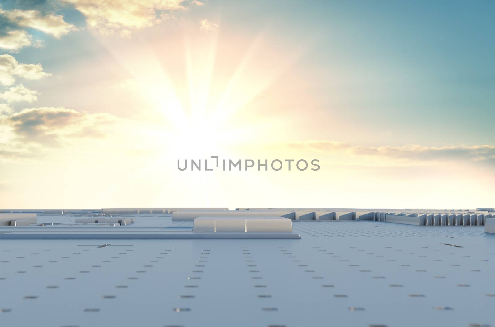 Abstract futuristic surface of a spaceship against the backdrop of dramatic sunset or sunrise. Beautiful background for your tech design. Cubes, reflection. 3D illustration