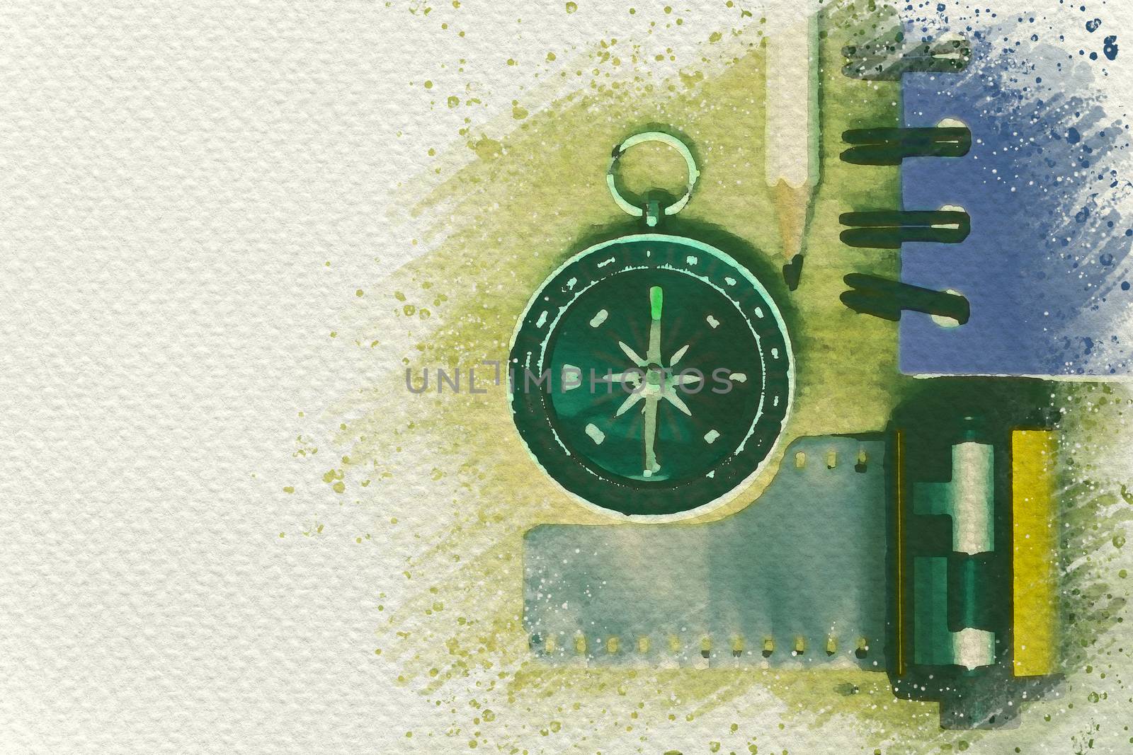 Compass and film with notebook and pencil on wooden table. Digital watercolor painting effect. Copy space for text.