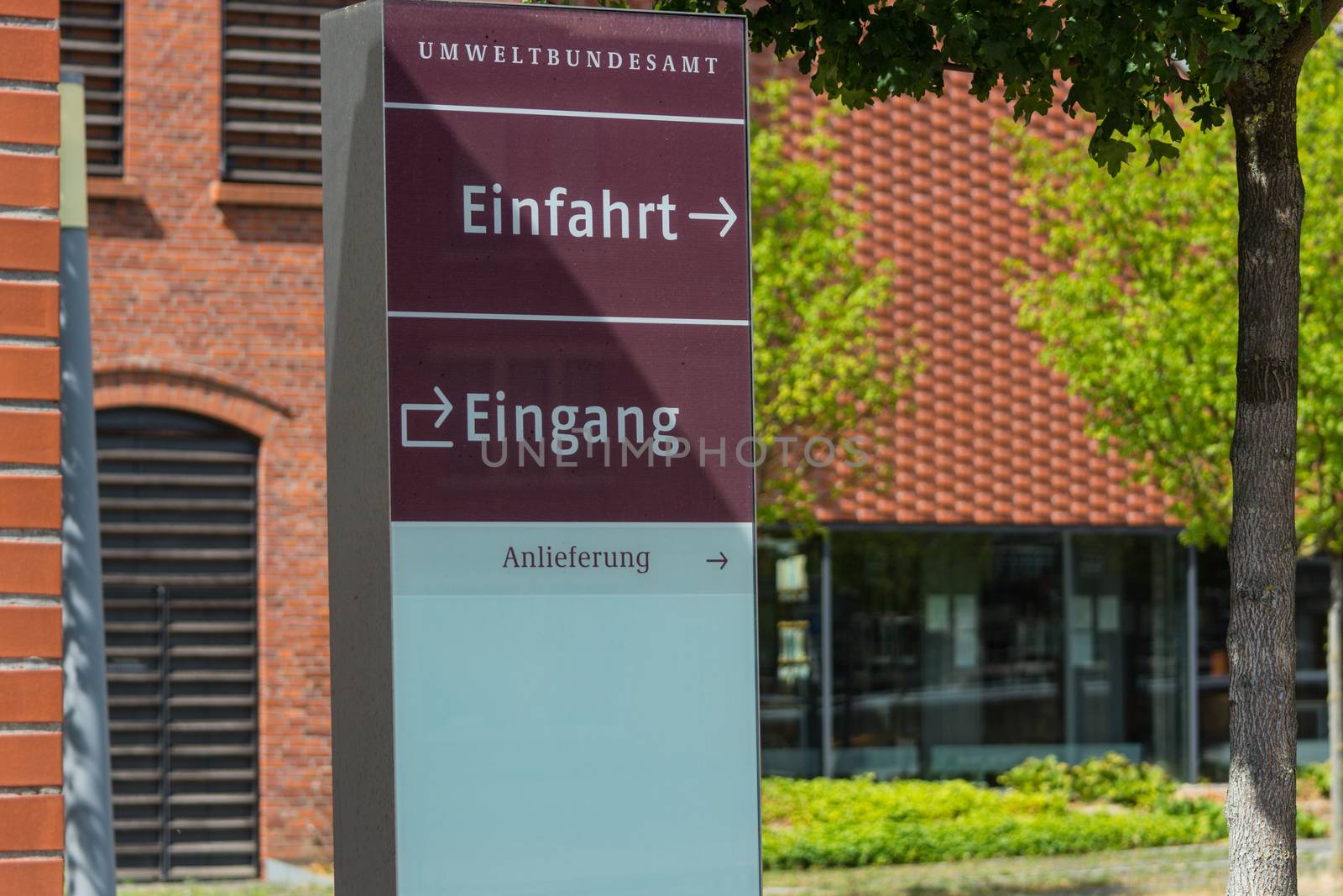 Entrance to the Federal Environmental Agency in Dessau in the foreground a sign with inscription in German - entrance, entrance Federal Environment Agency