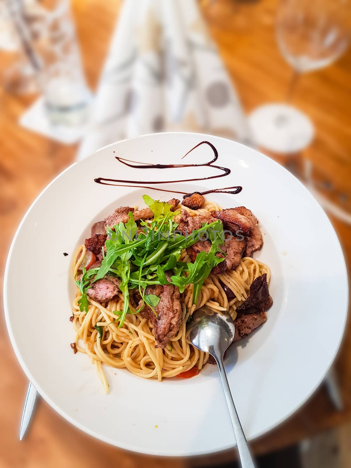 Gourmet tagliatelle with beef fillet stripes