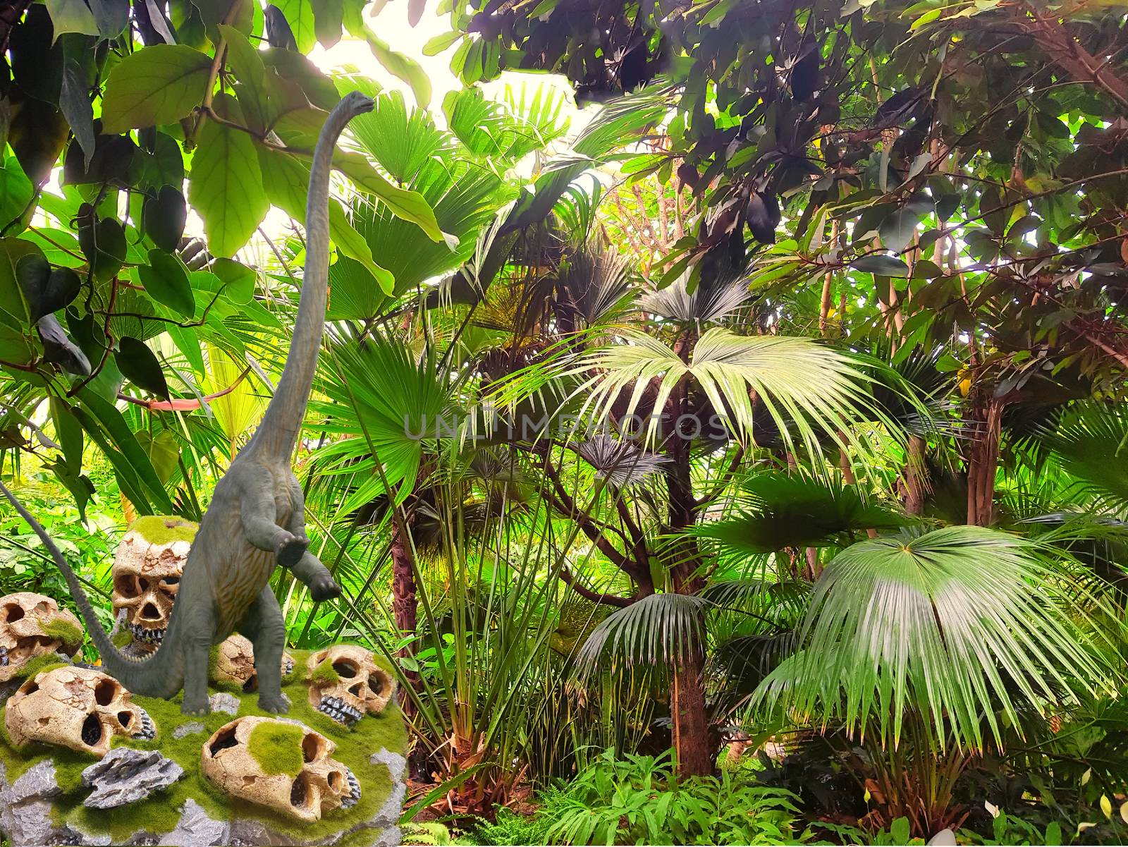 Big dinosaur long-neck. Close-up against the backdrop of a jungle