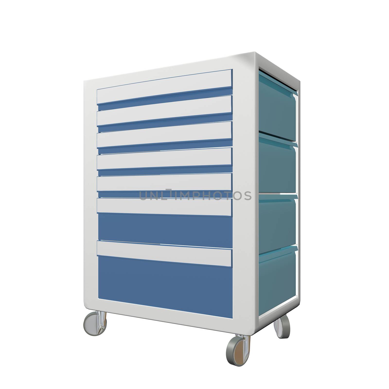 Blue and grey metal medical supply cabinet with wheels, 3D illustration, isolated against a white background